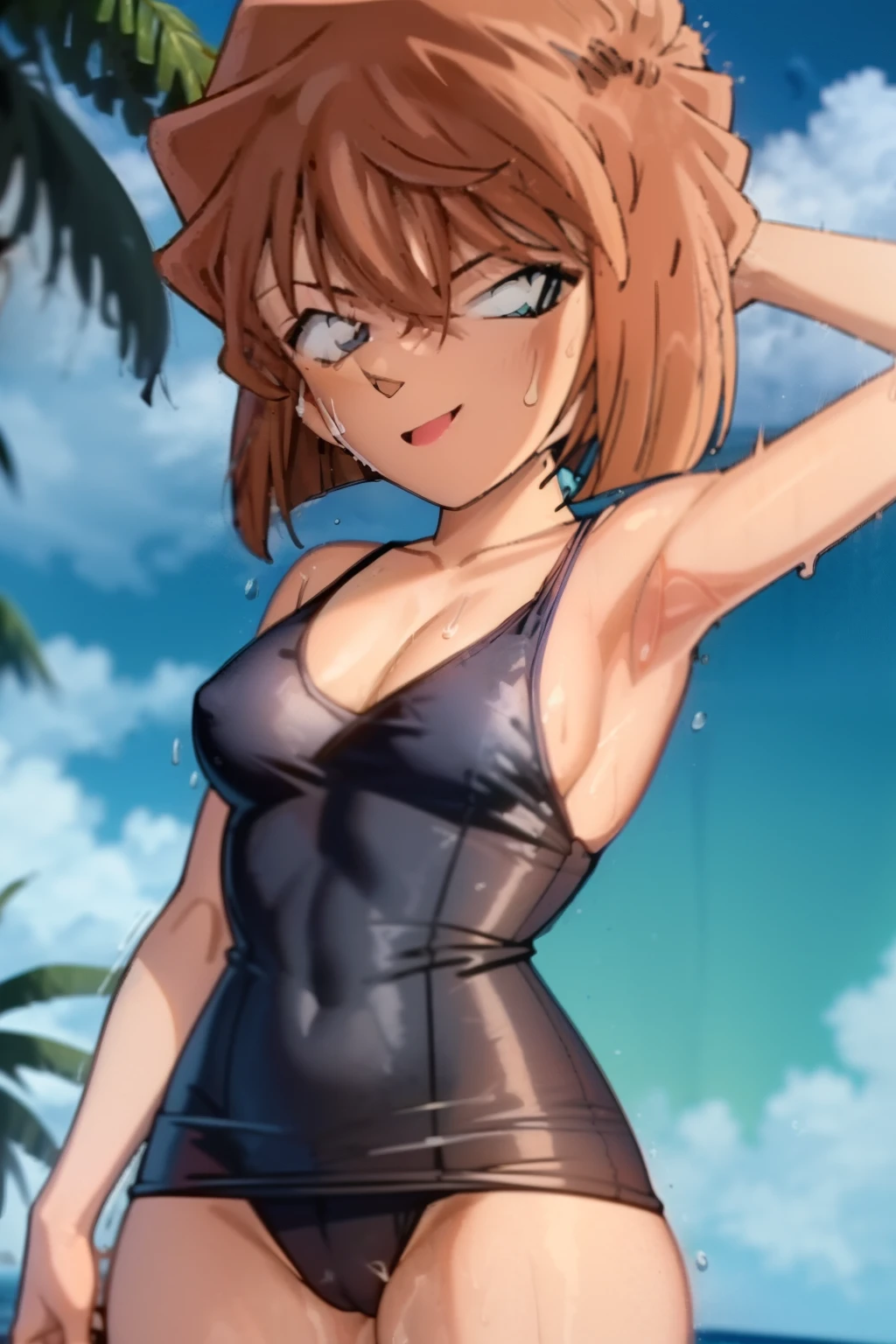 Ai Haibara、one-piece swimsuits、skirt by the、pink swimsuit、total body， thickthighs、smooth、wetted skin、cinematic lighting, (wetted skin, wet hair, ocean:1.2)，Gray Plains Love、one-piece swimsuit、skirt made of、Pink swimsuit、whole body， Thick thighs、Smooth、moist skin、Cinema lighting, (moist skin, wet hair, ocean:1.2) ，Translucent silk clothing, 