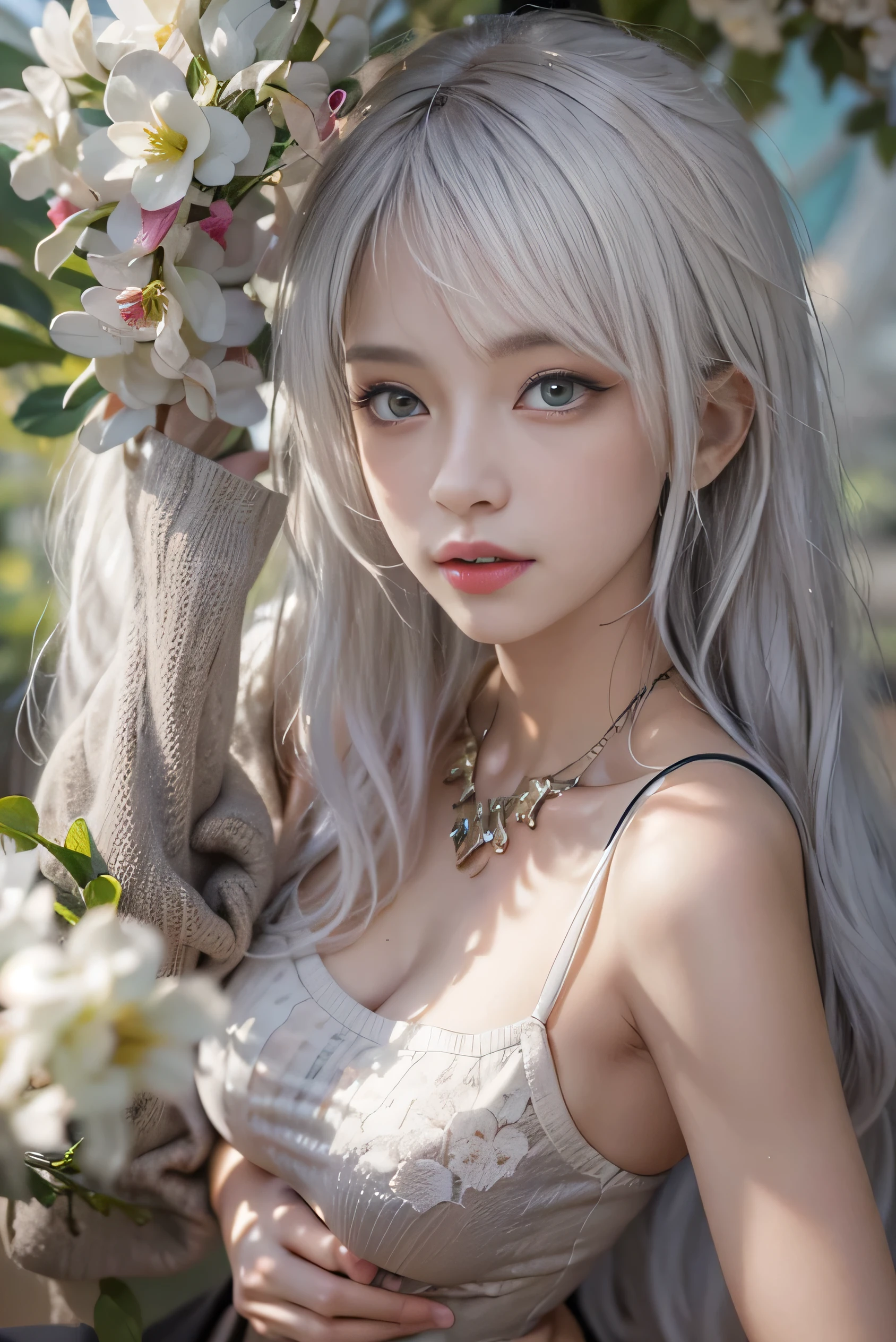 (photorealistic:1.8, highest quality:1.8,8K masterpiece:1.8,High resolution,muste piece:1.8,RAW Photos,cinematic lighting),fantasy world,1 23-year-old woman,(white leotard,long sleeve,mini skirt,choker,knee high socks,Cleavage cut,beautiful butt),beautiful detailed blue eyes:1.7,double eyelid:1.6,beautiful skin:1.8, (looking at the camera:1.5),(Photo seen from below:1.4),( midium Hair:1.2,beautiful shining white hair:1.5), expression(Stoic:1.3,face turns red:1.3),(Moderate chest:1.3), Pause(opened my legs, Seductive pose:1.5), background(A bright forest with blooming flowers),(detailed perfect face),anatomically correct,normal hands:1.5,normal finger:1:5,normal feet:1.5,Best ratio 4 fingers and 1 thumb,(cameltoe),No split screen