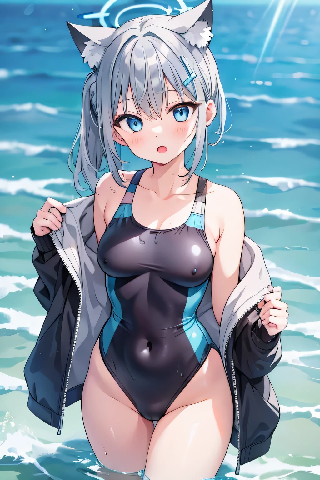 shiroko, animal ears, blue eyes, grey hair, hair ornament, hairpin, halo, short hair, wolf ears, black one-piece swimsuit, competition swimsuit, covered navel, low ponytail, multicolored clothes, multicolored swimsuit, official alternate costume, one-piece swimsuit, swimsuit, hair tie, in water, open mouth happy