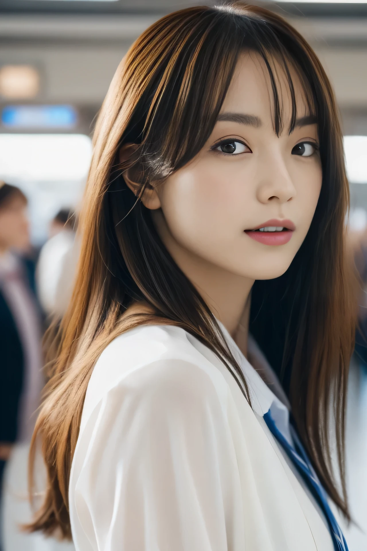 High resolution, RAW photo, realistic, very delicate and beautiful, very detailed, finely, very detailed CG unity 8k wallpaper, super detailed, (highest quality, 8k, 32K, masterpiece, Hmm:1.2), cute japanese model pictures, JK uniform, Blue plaid pleated skirt, tie, brown cardigan, beautiful and detailed face, Beautiful clear long eyes, delicate figure, expensive, skinny, medium straight hair, upper teeth, outdoors, Walk along the station platform, surreal, real anime girl, looking back from the side,