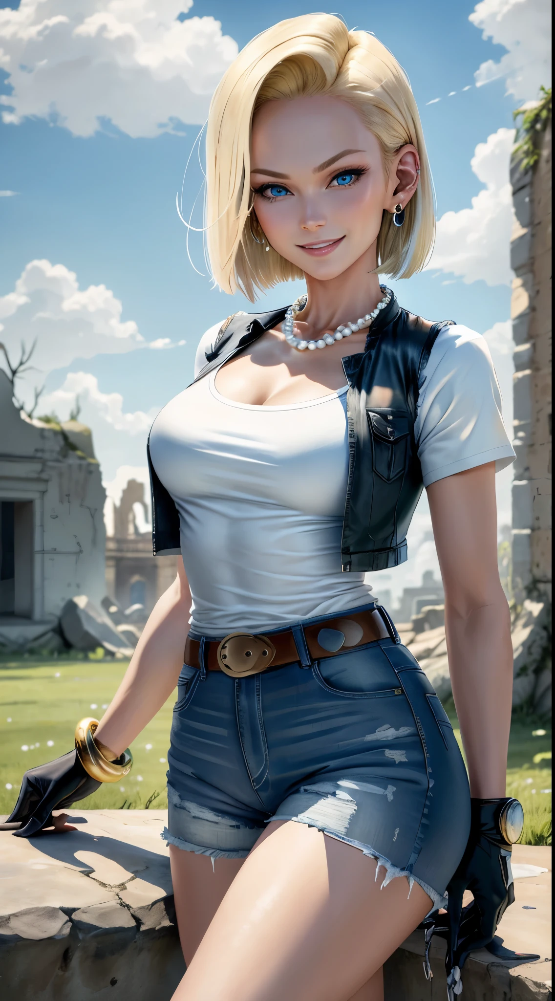 best quality, highres, and18, 1girl, android 18, solo, blonde hair, blue eyes, belt, blue jeans, pearl, necklace, bracelet, black gloves, white shirt, short hair, short sleeves, earrings, blue pants, open vest, black vest, large breasts, cowboy shot, battle ruins, straight-on, meadow view, (weather: windy), sexy smile,