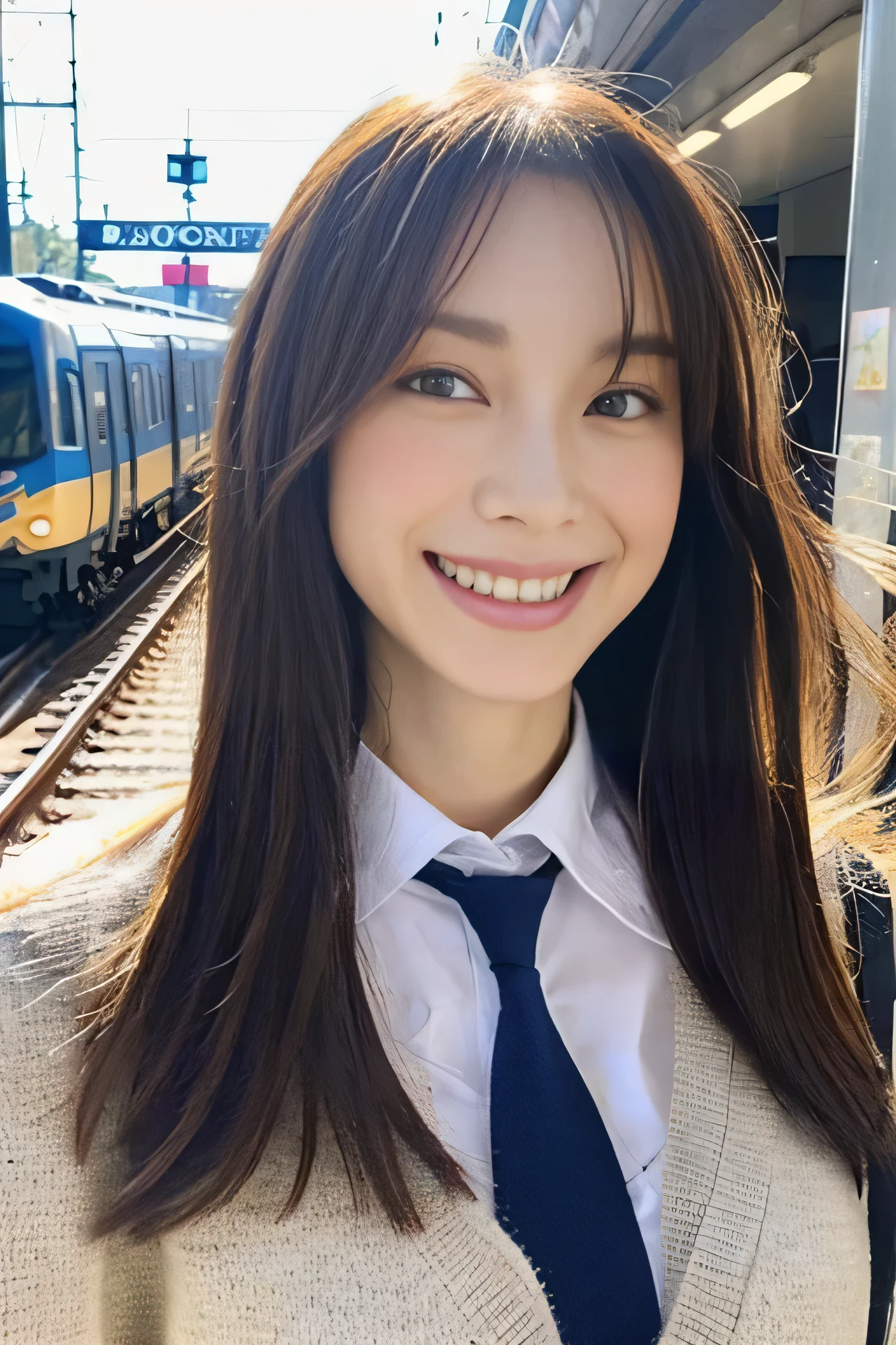 High resolution, RAW photo, realistic, very delicate and beautiful, very detailed, finely, very detailed CG unity 8k wallpaper, super detailed, (highest quality, 8k, 32K, masterpiece, Hmm:1.2), cute japanese model pictures, JK uniform, Blue plaid pleated skirt, tie, brown cardigan, beautiful and detailed face, Beautiful clear long eyes, delicate figure, expensive, skinny, medium straight hair, innocent smile, upper teeth, outdoors, Walk along the station platform, surreal, real anime girl,