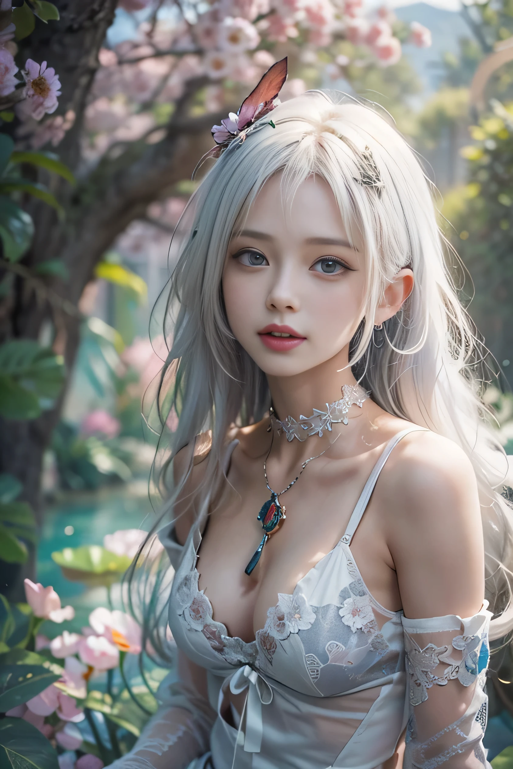 (photorealistic:1.8, highest quality:1.8,8K masterpiece:1.8,High resolution,muste piece:1.8,RAW Photos,cinematic lighting,red and purple dream colors),fantasy world,1 23-year-old woman,(see-through playsuit,white leotard,long sleeve,mini skirt,choker,knee high socks,Cleavage cut,beautiful butt),beautiful detailed blue eyes:1.7,double eyelid:1.6,beautiful skin:1.8, (looking at the camera:1.5),(View from the front:1.4),( midium Hair:1.2,beautiful shining white hair:1.5), expression(Stoic:1.3,face turns red:1.3),(Moderate chest:1.3), Pause(opened my legs, Seductive pose:1.5), background(A bright forest with blooming flowers),(detailed perfect face),anatomically correct,normal hands:1.5,normal finger:1:5,normal feet:1.5,Best ratio 4 fingers and 1 thumb,(cameltoe),No split screen