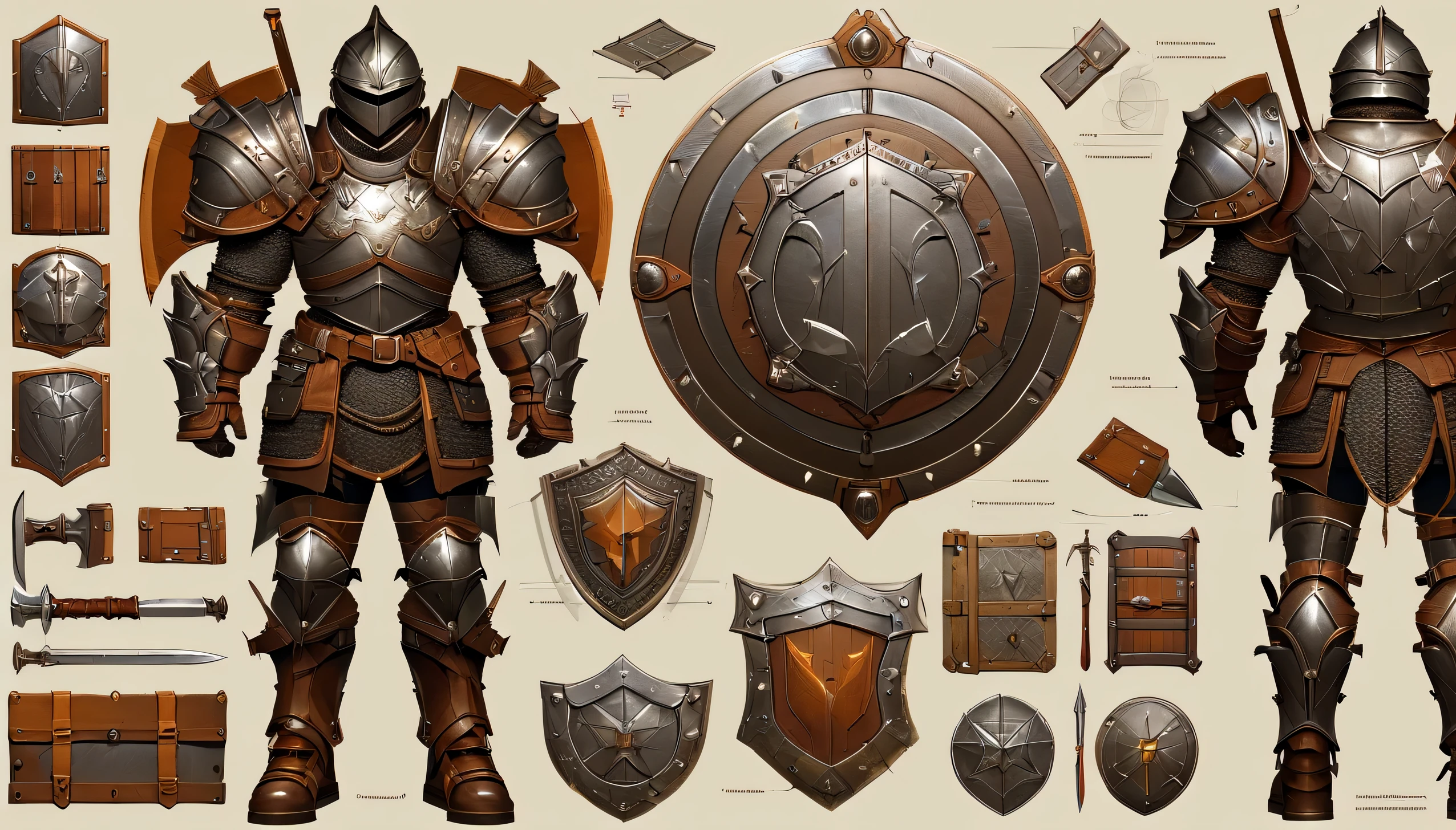 armored warrior，shield，arms，Very detailed，，Very professional character design BOM，Professional Checklist，detail list，Detailed production drawings，glans steps，exploded view，clarify，texture，Detailed annotation，annotated，The collision of metal and leather，colorful