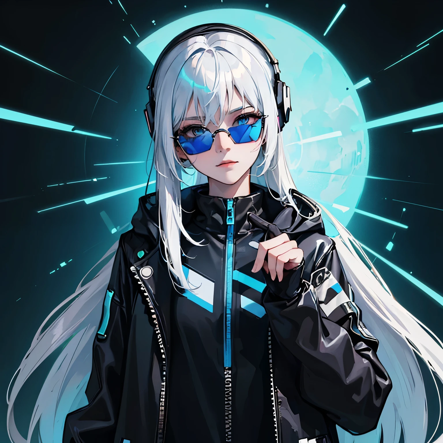 (masterpiece:1.2, best quality), (real picture, intricate details), (1lady, solo, upper body) Cyberpunk anime girl , headphones, stylish pose, white hair, smirk, neon blue and cyan touch, glow_in_the_dark, holographic, leather jacket, simple neon glow background, stylish hair, black_tinted_sunglass, ((perfect shapes sunglasses)), graffti wall background, dramatic light