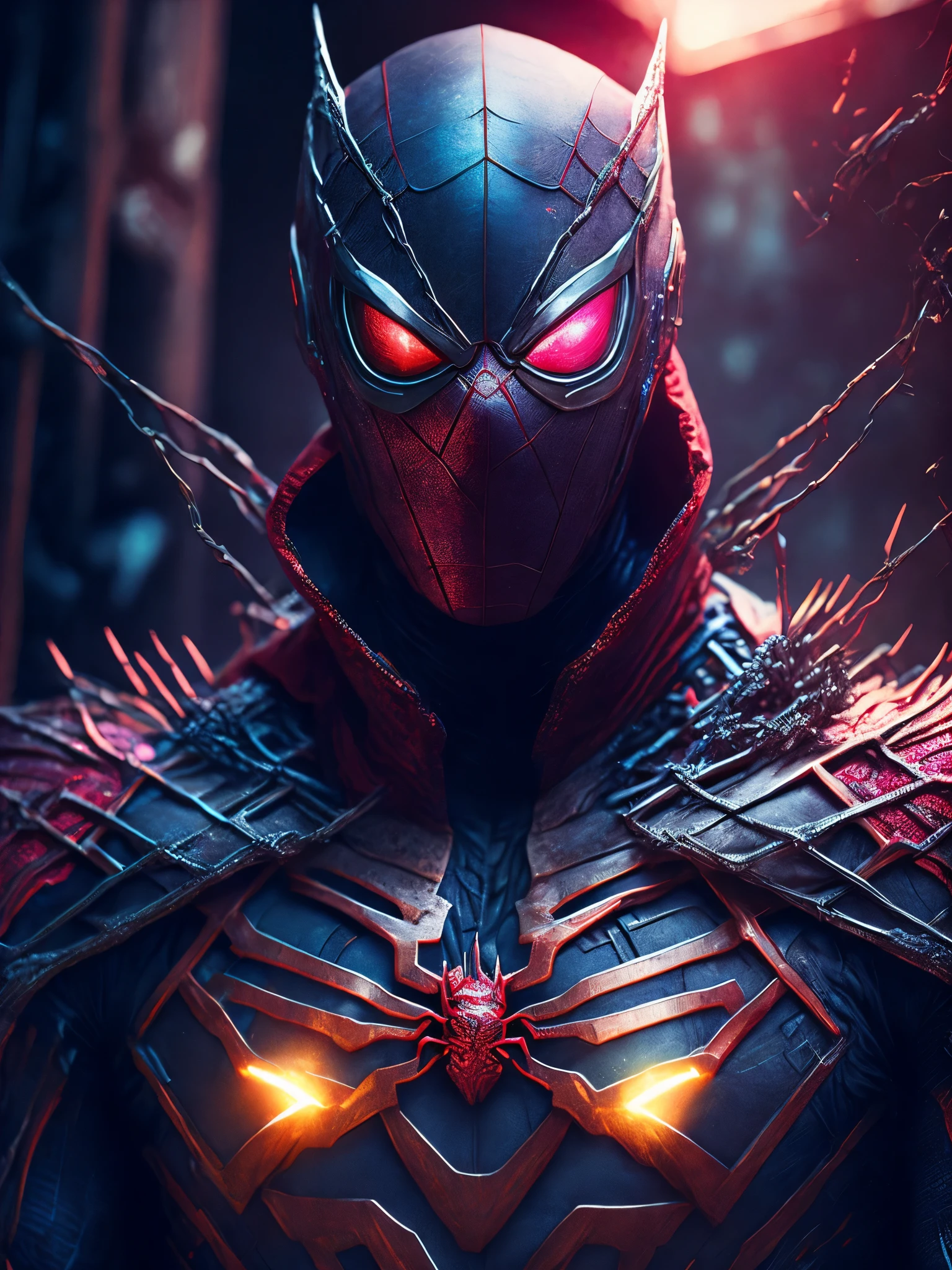 breathtaking cinematic science fiction photo of a portrait of Spiderman mixed with venom as one character, metal skin, body full of spikes and glowing metrics inside, glowing multicoloured eyes, multifaceted eyes, metallic arms, inside a destroyed building, extremely menacing creature, highly detailed, award-winning