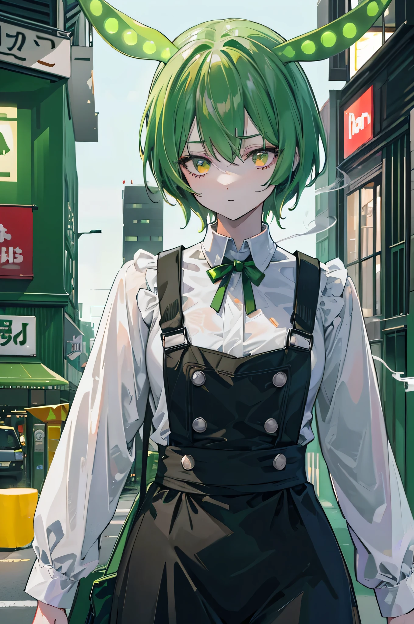 high quality, (shape:1.2), (Super detailed), dark green hair,eyes are yellow,white shirt,green overalls,City of night,neon street, he is smoking a cigarette,high contrast, (best illumination, very delicate and beautiful), ((cinematic light))