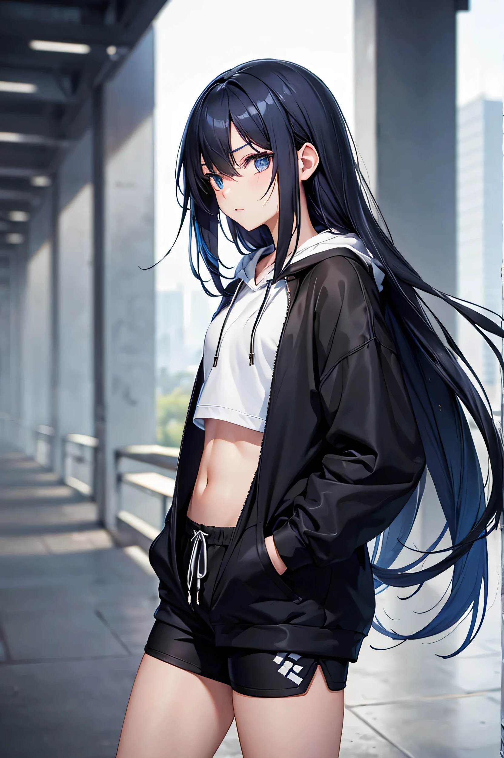 Handsome slim girl with long black and blue hair. sharp eyes. wearing a long hoodie and athletic shorts.