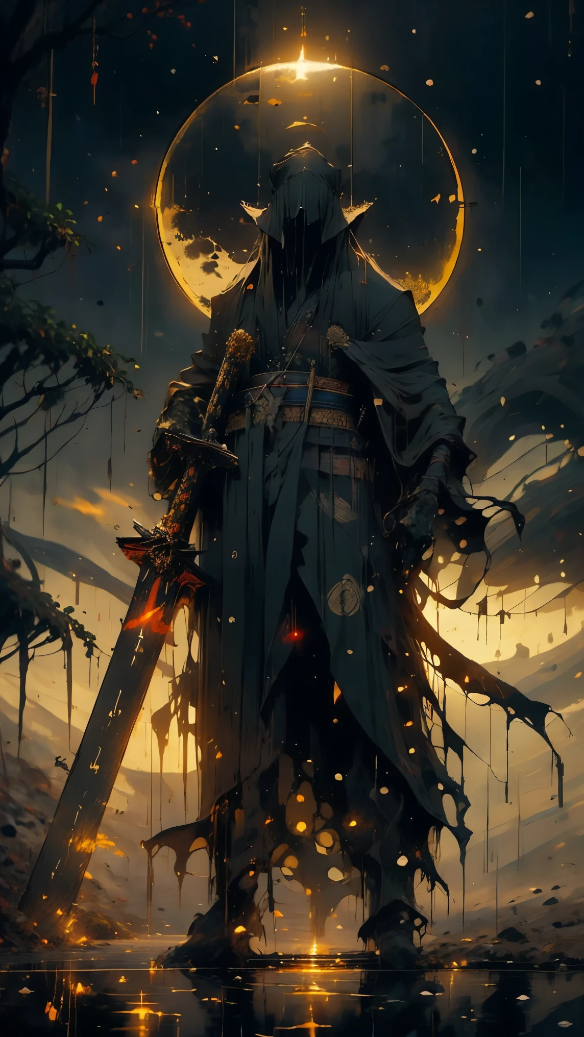 (Mejor calidad,ultra detallado),oscuro,wet,gotas de lluvia artificiales cayendo,ancient japanese warrior standing in the rain,japanese traditional bamboo hat(kasa),paisaje de bosque denso,naturaleza majestuosa y serena,luna llena brillando intensamente en el cielo nocturno,kimono negro con rayas rojas fluorescentes que brillan a la luz de la luna,espada samurai afilada y desenvainada(katana),