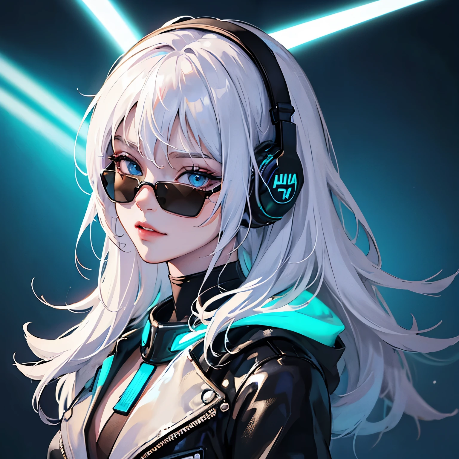 (masterpiece:1.2, best quality), (real picture, intricate details), (1lady, solo, upper body) Cyberpunk anime girl , headphones, stylish pose, white hair, smirk, neon blue and cyan touch, glow_in_the_dark, holographic, leather jacket, simple neon glow background, stylish hair, black_tinted_sunglass, ((perfect shapes sunglasses)), graffti wall background, dramatic light