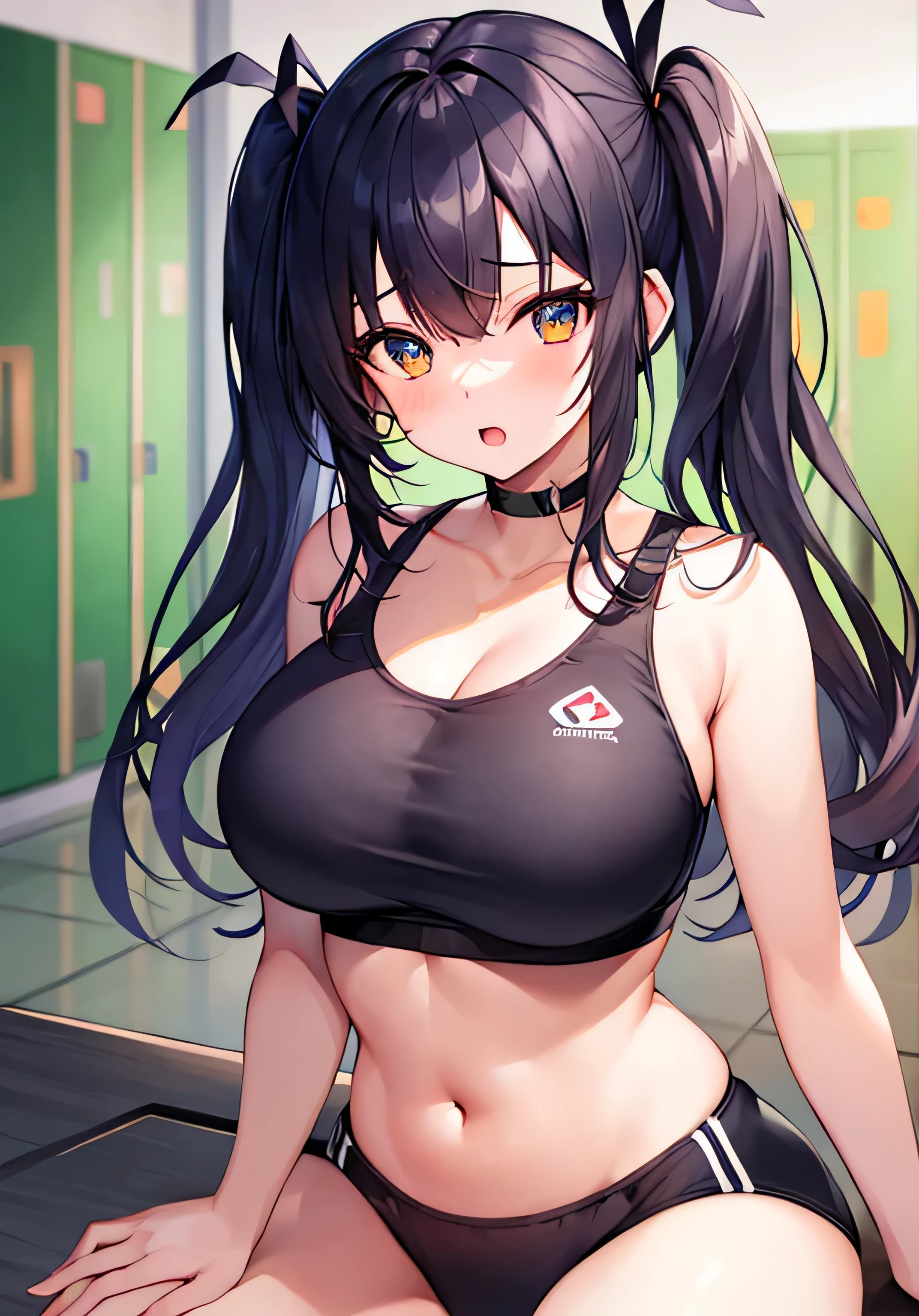 masterpiece、best image quality、ultra high resolution、age girl with big breasts、twin tail hairstyle、black hair、red face、shyly、mock、Open your mouth just a little、Sports bra that shows cleavage for teengirls、Well-shaped belly button、teenage s sports briefs、well-shaped legs、Sitting on a locker bench with legs apart、Inside the locker room
