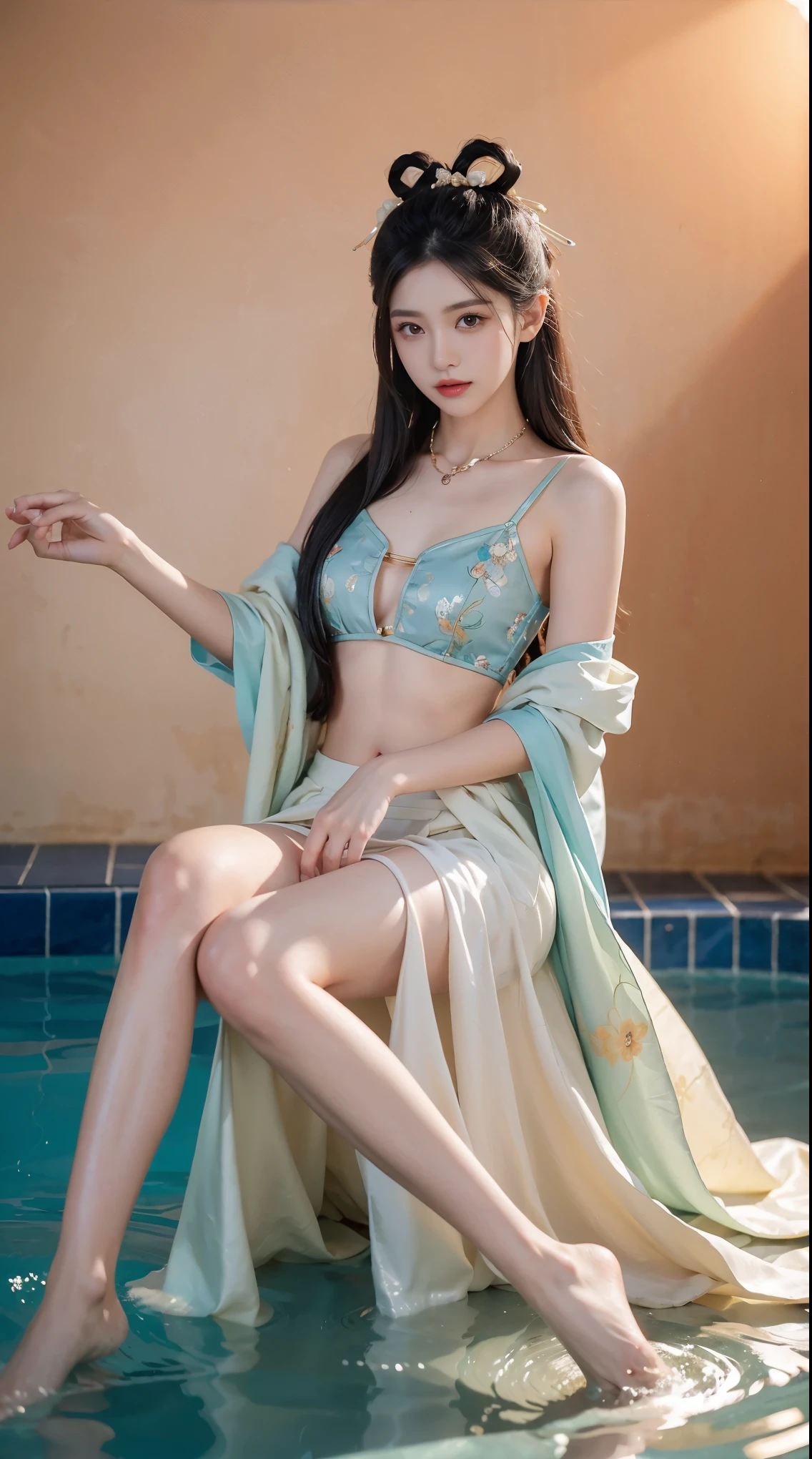 best picture quality，extremely high resolution，Very detailed，stunning girl，sitting in the pool，long eyelashes，big eyes，shining eyes，lying silkworm，plump lips，small nose，a happy expression，Sweet，Exquisite makeup，full-body shot，snow white skin，slim figure，take off shoulders，clavicle，abdomenband，abdomen，abdomen button，Slender white legs，White and tender skin，White embroidered mini skirt，necklace，Showing thighs，lace，Sweet，long hair flying，best quality，masterpiece，full-body shot，facial focus，slim figure，细腰白色abdomenband，imagine，full-body shot
Model: Hanfu, CFG scale: 7, Hire high-end talents: 1.5, Laura: future fashion(0.4)、neon(0.4)、martial arts(0.8)、Asian Face Girls-2(0.4)、poetic fairy tale(0.01)