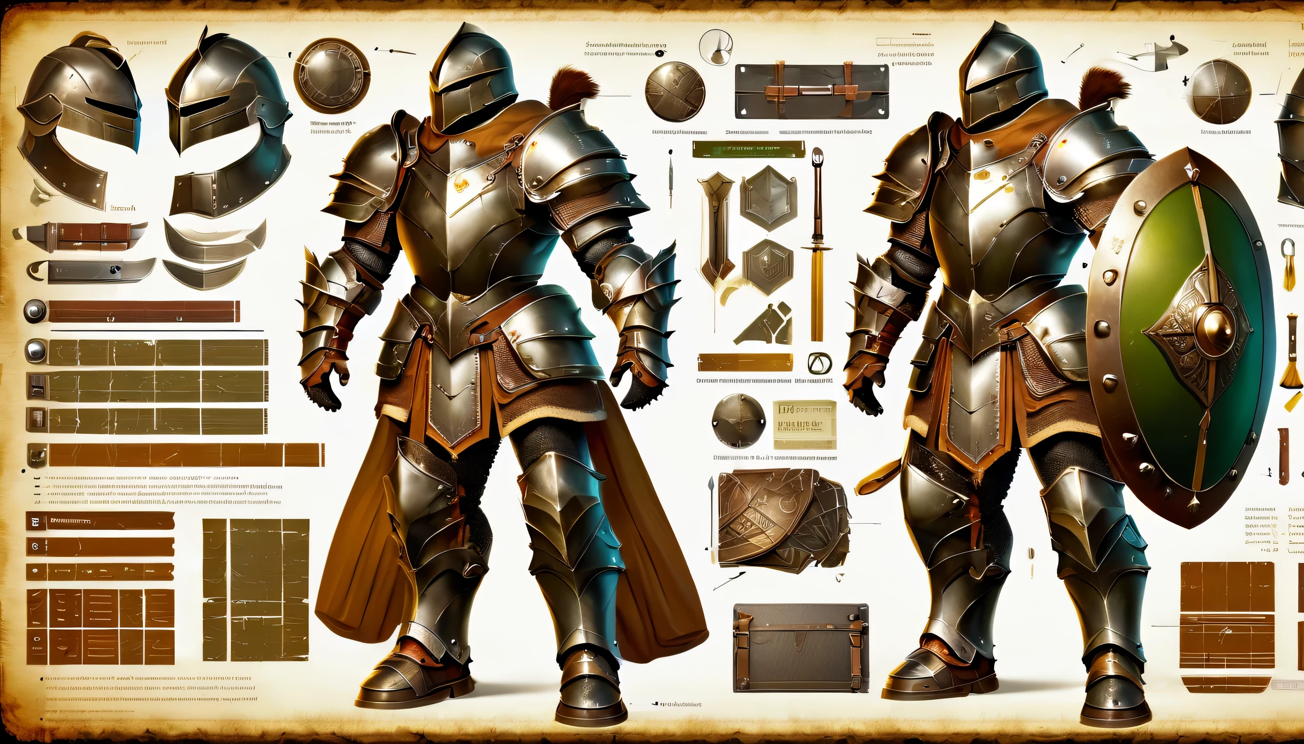 armored warrior，shield，Very detailed，，Very professional character design BOM，Professional Checklist，detail list，Detailed production drawings，glans steps，exploded view，clarify，texture，Detailed annotation，annotated，The collision of metal and leather，colorful