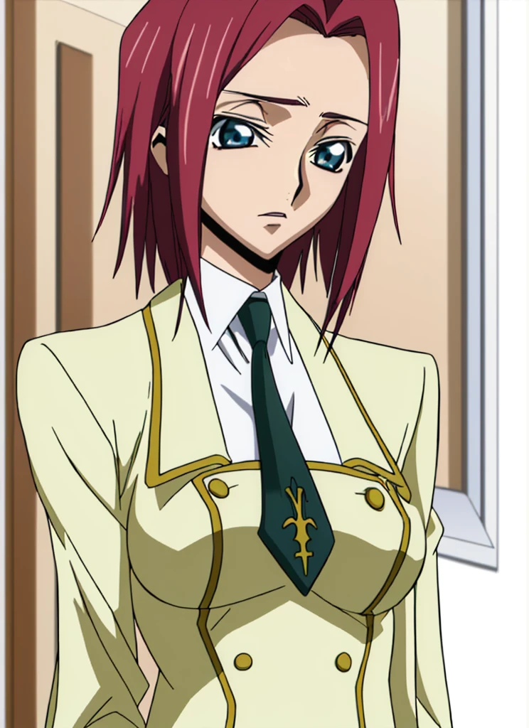 codeGeass kallen stadtfeld, kallenCodeGeass, 1girl, solo, ashford academy uniform, red hair, school uniform, blue eyes, necktie, short hair, green necktie, anime coloring, parody, full lbody