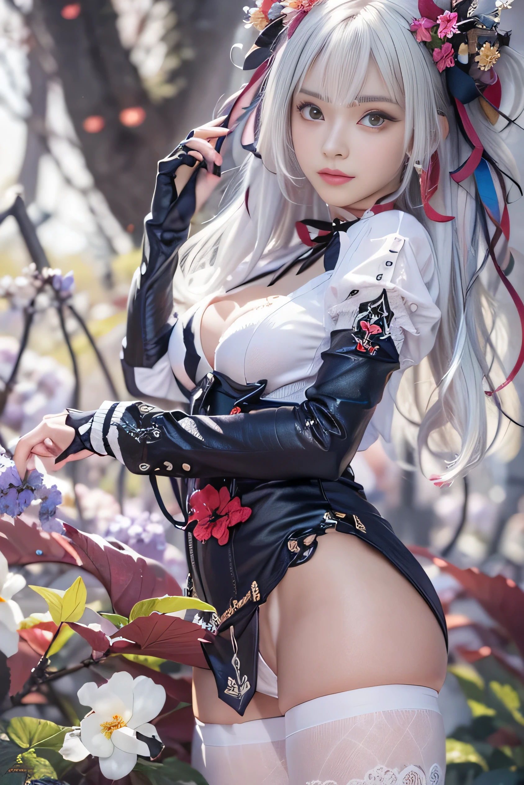 (photorealistic:1.8, highest quality:1.8,8K masterpiece:1.8,High resolution,muste piece:1.8,RAW Photos,cinematic lighting,red and purple dream colors),fantasy world,1 23-year-old woman,(white high leg leotard,mini skirt,long sleeve,lace gloves,choker,knee high socks,Cleavage cut,beautiful butt,beautiful thighs),beautiful detailed blue eyes:1.7,double eyelid:1.6,beautiful skin:1.8, (looking at the camera:1.5),(photo seen from behind:1.4),( midium Hair:1.2,beautiful shining white hair:1.5), expression(Stoic:1.3,face turns red:1.3),(Moderate chest:1.3), Pause(look back, Seductive pose:1.5), background(A bright forest with blooming flowers),(detailed perfect face),anatomically correct,normal hands:1.5,normal finger:1:5,normal feet:1.5,Best ratio 4 fingers and 1 thumb,(cameltoe),No split screen