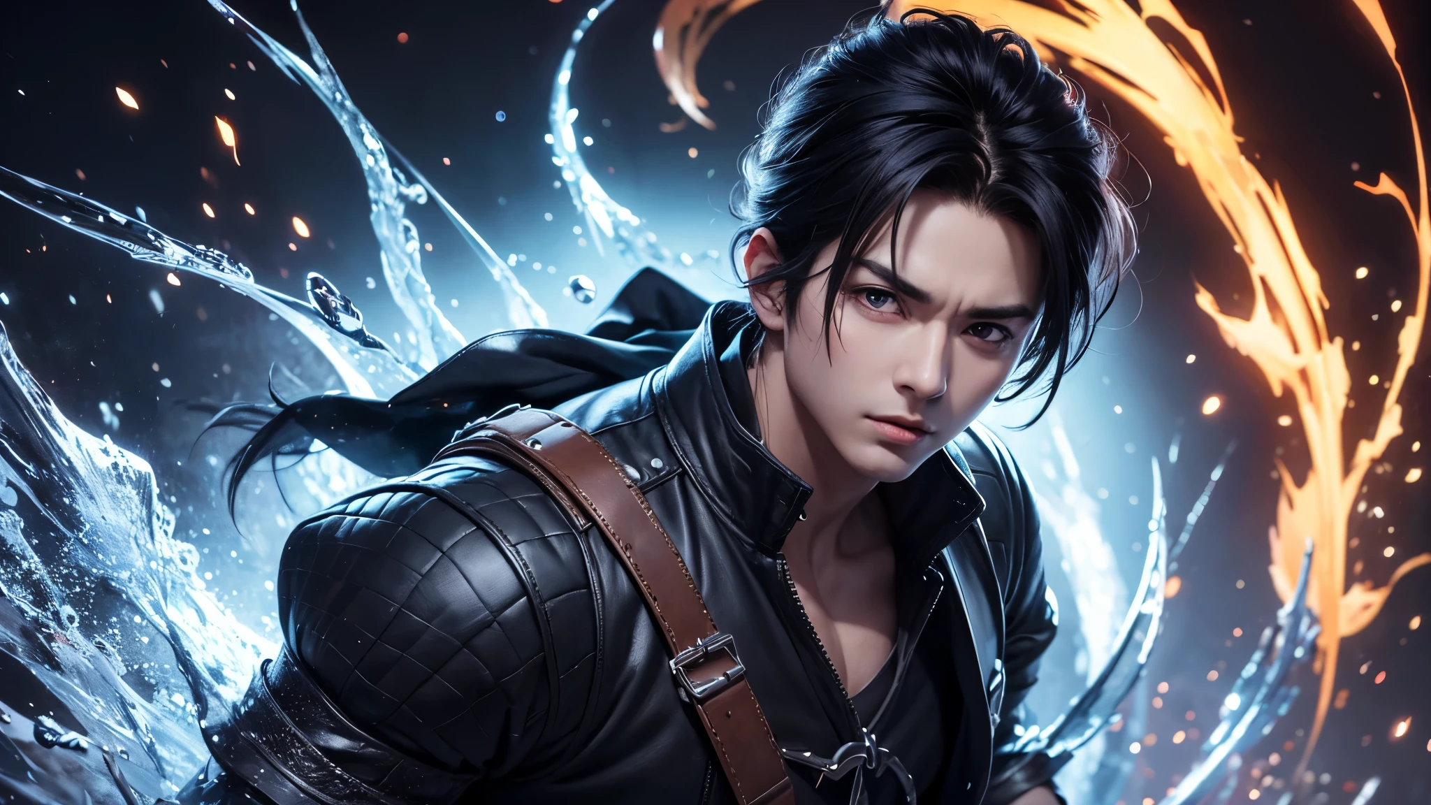 An 8k masterpiece, highest resolution, every detail, meticulous detail, depth of field, bright colors, beautiful composition: anime character Gohan impresses with his black hair and glowing eyes Beautifully detailed lighting, standing against a dark and ominous background. This handsome demon slayer is the epitome of bad guys in the fantasy art. wearing a shirt.
