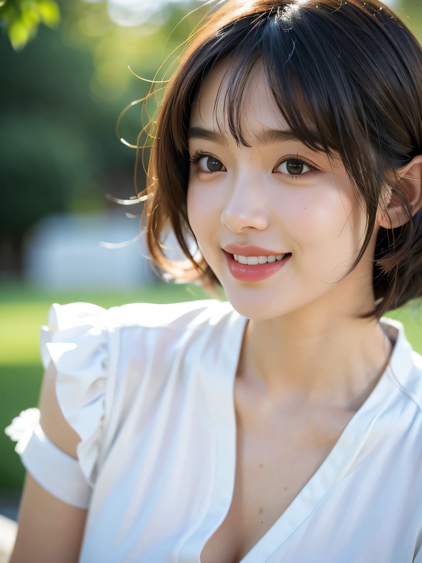 masterpiece, highest quality, RAW photo, 8k, 1 girl, close, cute, Girly, shy, embarrassing, smile, focus on the face, (the face is in focus:1.2) Fine and beautiful skin, Backlight, soft light,  luminescent, look away, anatomically correct, short hair, bangs, Eye and face details, rough skin, professional photography, Bokeh, portrait, professional lighting, alone, film grain, blouse, 