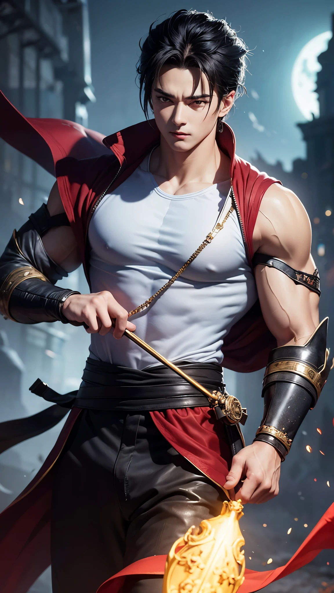 An 8k masterpiece, highest resolution, every detail, meticulous detail, depth of field, bright colors, beautiful composition: anime character Gohan impresses with his black hair and glowing eyes Beautifully detailed lighting, standing against a dark and ominous background. This handsome demon slayer is the epitome of bad guys in the fantasy art. wearing a shirt.