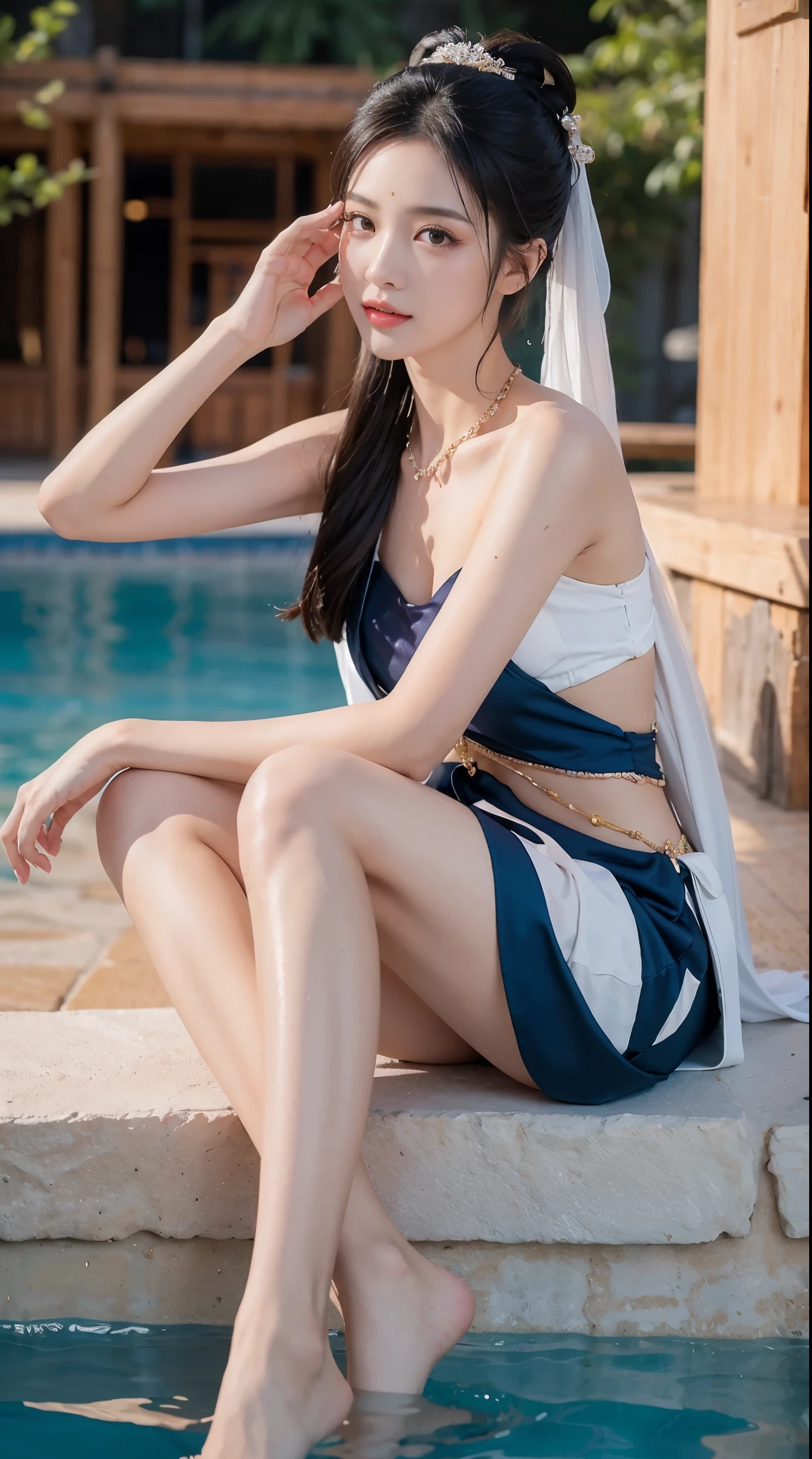 best picture quality，extremely high resolution，Very detailed，stunning girl，sitting in the pool，long eyelashes，big eyes，shining eyes，lying silkworm，plump lips，small nose，a happy expression，Sweet，Exquisite makeup，full-body shot，snow white skin，slim figure，take off shoulders，clavicle，abdomenband，abdomen，abdomen button，Slender white legs，White and tender skin，White embroidered mini skirt，necklace，Showing thighs，lace，Sweet，long hair flying，best quality，masterpiece，full-body shot，facial focus，slim figure，细腰白色abdomenband，imagine，full-body shot
Model: Hanfu, CFG scale: 7, Hire high-end talents: 1.5, Laura: future fashion(0.4)、neon(0.4)、martial arts(0.8)、Asian Face Girls-2(0.4)、poetic fairy tale(0.01)