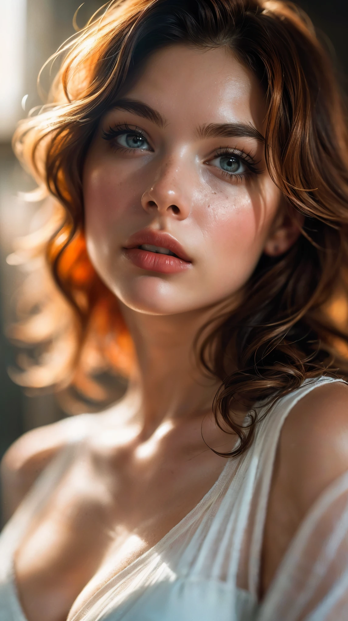 (((ultra realistic))) Photo, masterpiece, top quality, (pale skin), (Ultra detailed face and eyes:1.3), 1 girl, in a bikini ((Eye makeup, mascara)), ((large detailed lips)), ((auburn wavy hair)), ((Stylish hairstyle)) , (Natural breasts), (Slim waist). ((Posing)), photoshoot, (Soft) Lighting, (The play of light and shadows), depth of field, bokeh, (special attention to skin detail: 1.2), Detailed leather texture, skin pores. (Warm atmosphere of the frame. color scheme - black, Yellow, White tones), UDR, ((Film grain)), rays, (Glare), ((waist up portrait)) , ultra detailed,