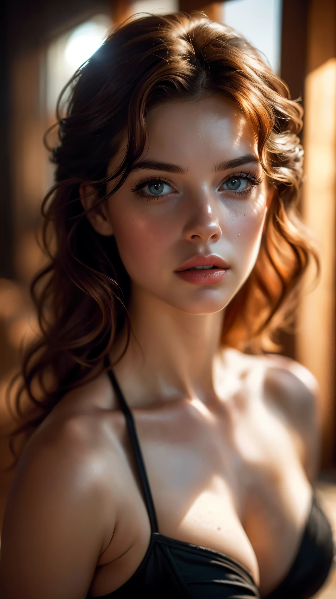 (((ultra realistic))) Photo, masterpiece, top quality, (pale skin), (Ultra detailed face and eyes:1.3), 1 girl, in a bikini ((Eye makeup, mascara)), ((large detailed lips)), ((auburn wavy hair)), ((Stylish hairstyle)) , (Natural breasts), (Slim waist). ((Posing)), photoshoot, (Soft) Lighting, (The play of light and shadows), depth of field, bokeh, (special attention to skin detail: 1.2), Detailed leather texture, skin pores. (Warm atmosphere of the frame. color scheme - black, Yellow, White tones), UDR, ((Film grain)), rays, (Glare), ((waist up portrait)) , ultra detailed,