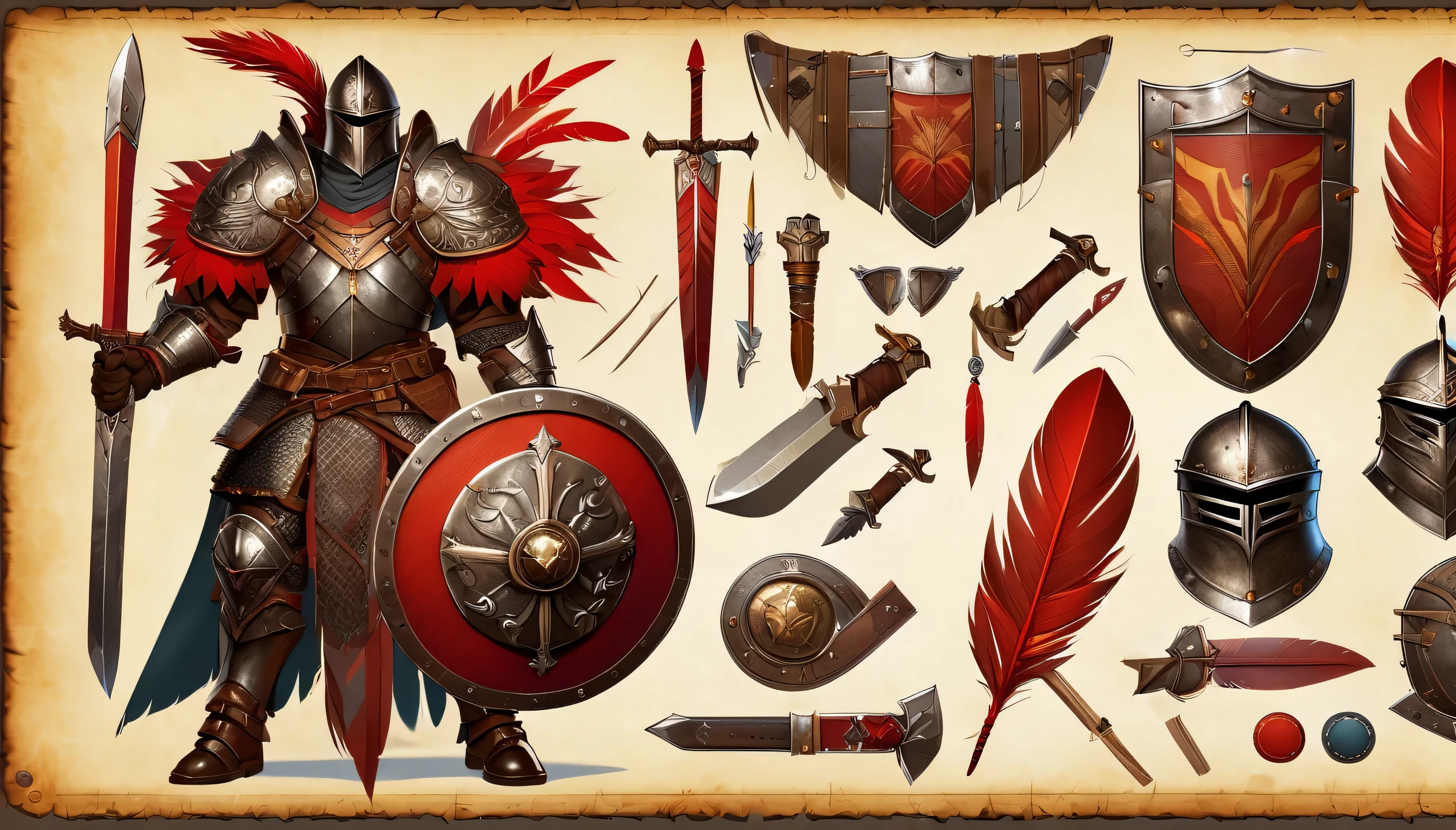 armored warrior，shield，arms，red feather decoration，Very detailed，，Very professional character design BOM，Professional Checklist，detail list，Detailed production drawings，glans steps，exploded view，clarify，texture，Detailed annotation，annotated，The collision of metal and leather，colorful