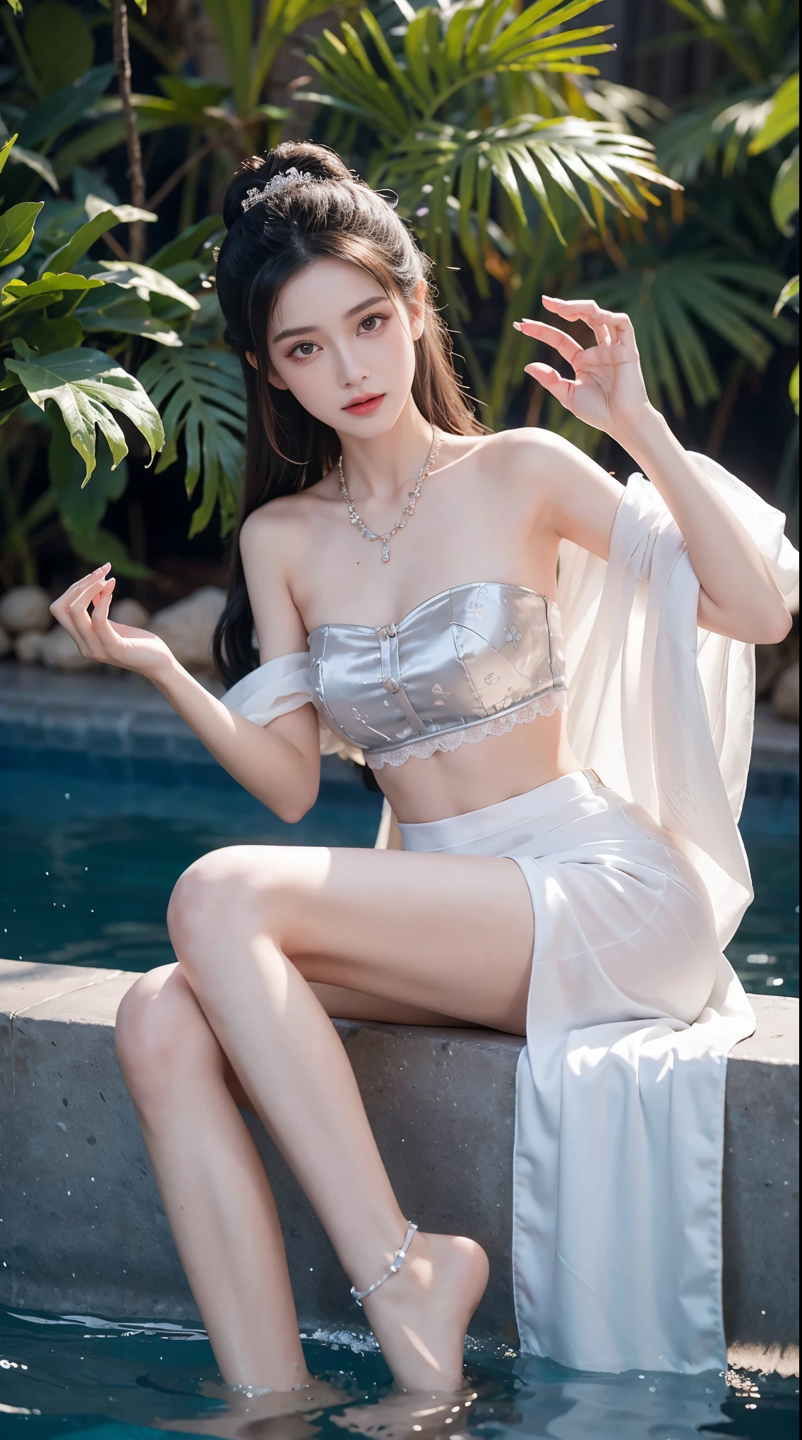 best picture quality，extremely high resolution，Very detailed，stunning girl，sitting in the pool，long eyelashes，big eyes，shining eyes，lying silkworm，plump lips，small nose，a happy expression，Sweet，Exquisite makeup，full-body shot，snow white skin，slim figure，take off shoulders，clavicle，abdomenband，abdomen，abdomen button，Slender white legs，White and tender skin，White embroidered mini skirt，necklace，Showing thighs，lace，Sweet，long hair flying，best quality，masterpiece，full-body shot，facial focus，slim figure，细腰白色abdomenband，imagine，full-body shot
Model: Hanfu, CFG scale: 7, Hire high-end talents: 1.5, Laura: future fashion(0.4)、neon(0.4)、martial arts(0.8)、Asian Face Girls-2(0.4)、poetic fairy tale(0.01)