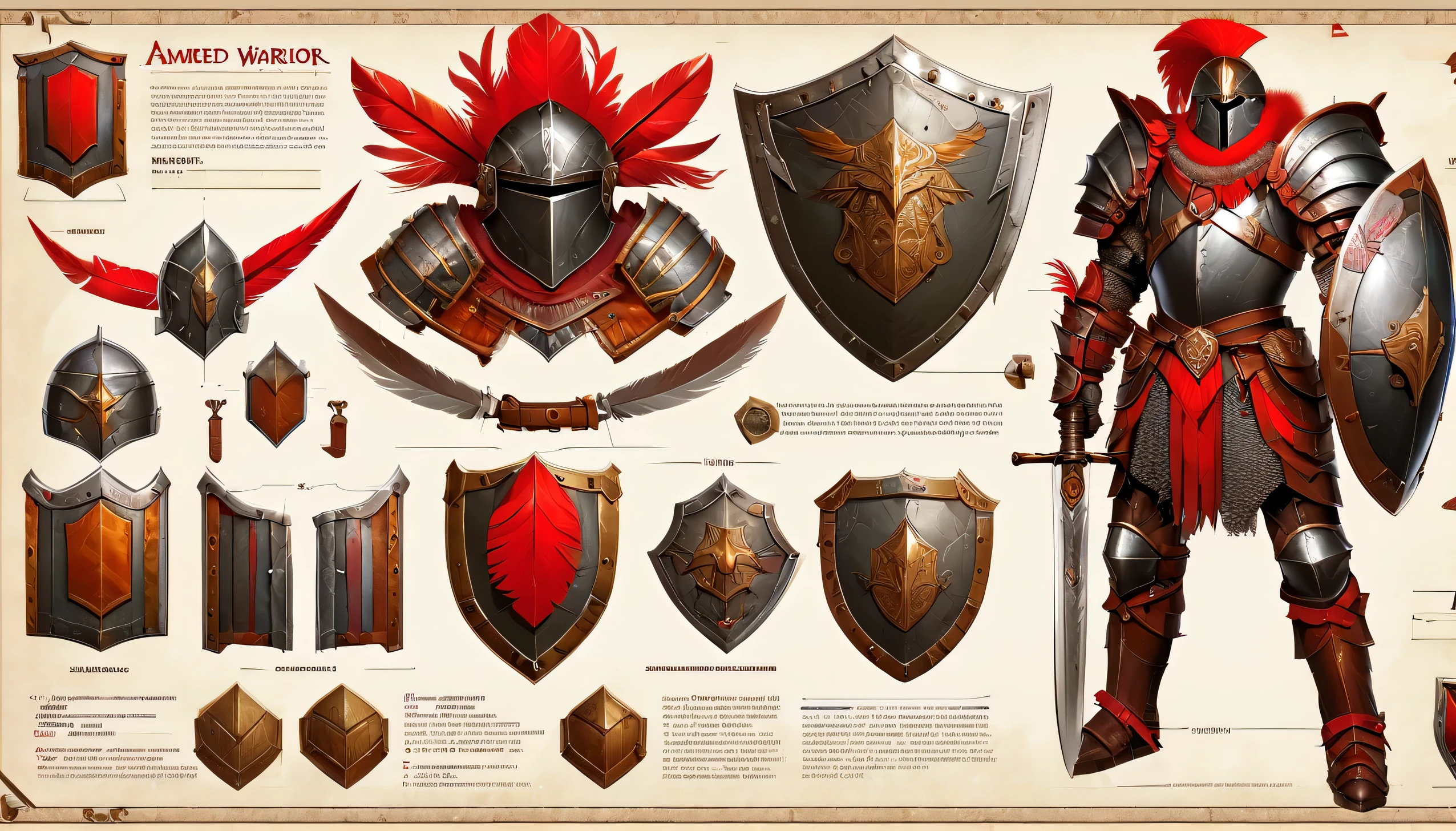 armored warrior，shield，arms，red feather decoration，Very detailed，，Very professional character design BOM，Professional Checklist，detail list，Detailed production drawings，glans steps，exploded view，clarify，texture，Detailed annotation，annotated，The collision of metal and leather，colorful