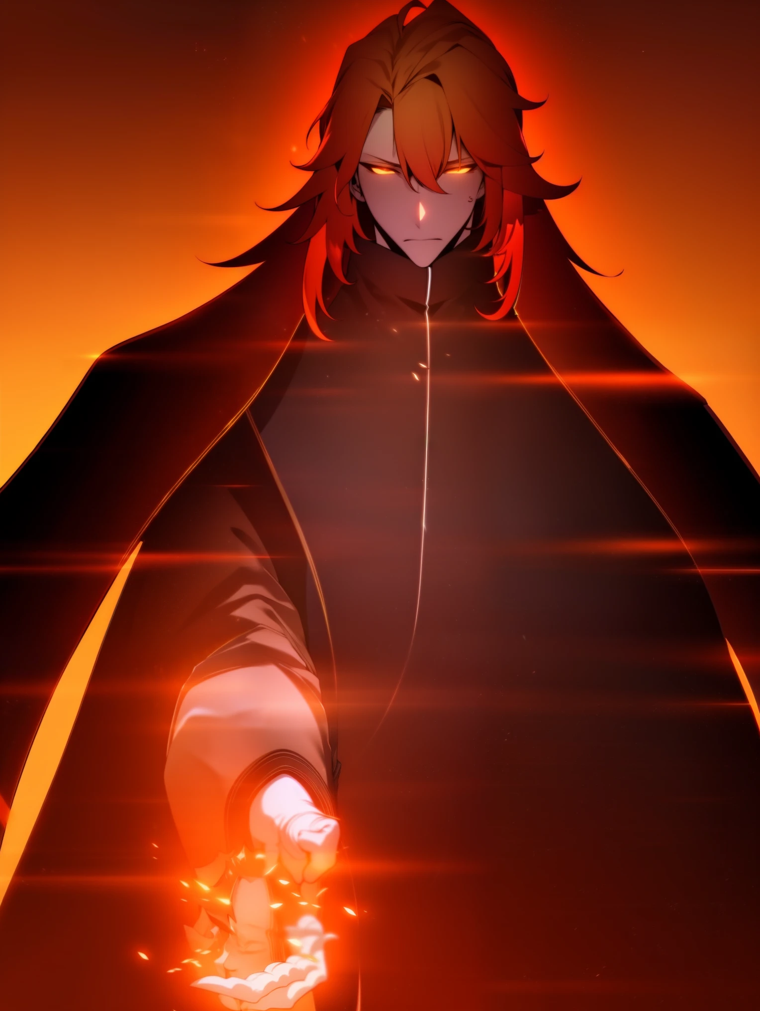 Black and orange theme,Masterpiece,Best quality,offcial art,Extremely detailed Cg Unity 8K wallpaper,Gradient lights,Gradient lighting,1 man, Tall figure,musculous,Uniforms, anger and sorrow,Messy long hairstyle,(((Black and white combat uniform))),orange cloak,Hand-held lightning ,white hair,character design,dynamic vision,depth of fields,particle sim