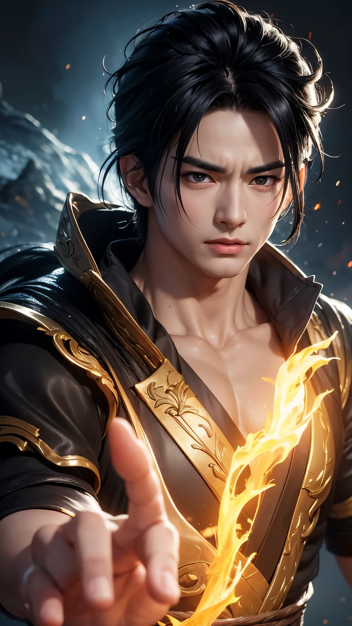 An 8k masterpiece, highest resolution, every detail, meticulous detail, depth of field, bright colors, beautiful composition: anime character Gohan impresses with his black hair and glowing eyes Beautifully detailed lighting, standing against a dark and ominous background. This handsome demon slayer is the epitome of bad guys in the fantasy art. wearing a shirt.
