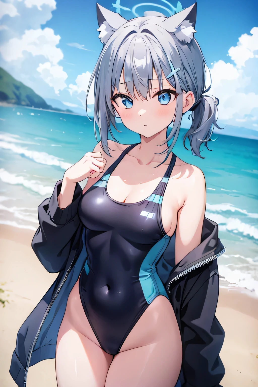 shiroko, animal ears, blue eyes, grey hair, hair ornament, hairpin, halo, short hair, wolf ears, black one-piece swimsuit, competition swimsuit, covered navel, low ponytail, multicolored clothes, multicolored swimsuit, official alternate costume, one-piece swimsuit, swimsuit, hair tie, in beach, shy face, wet body