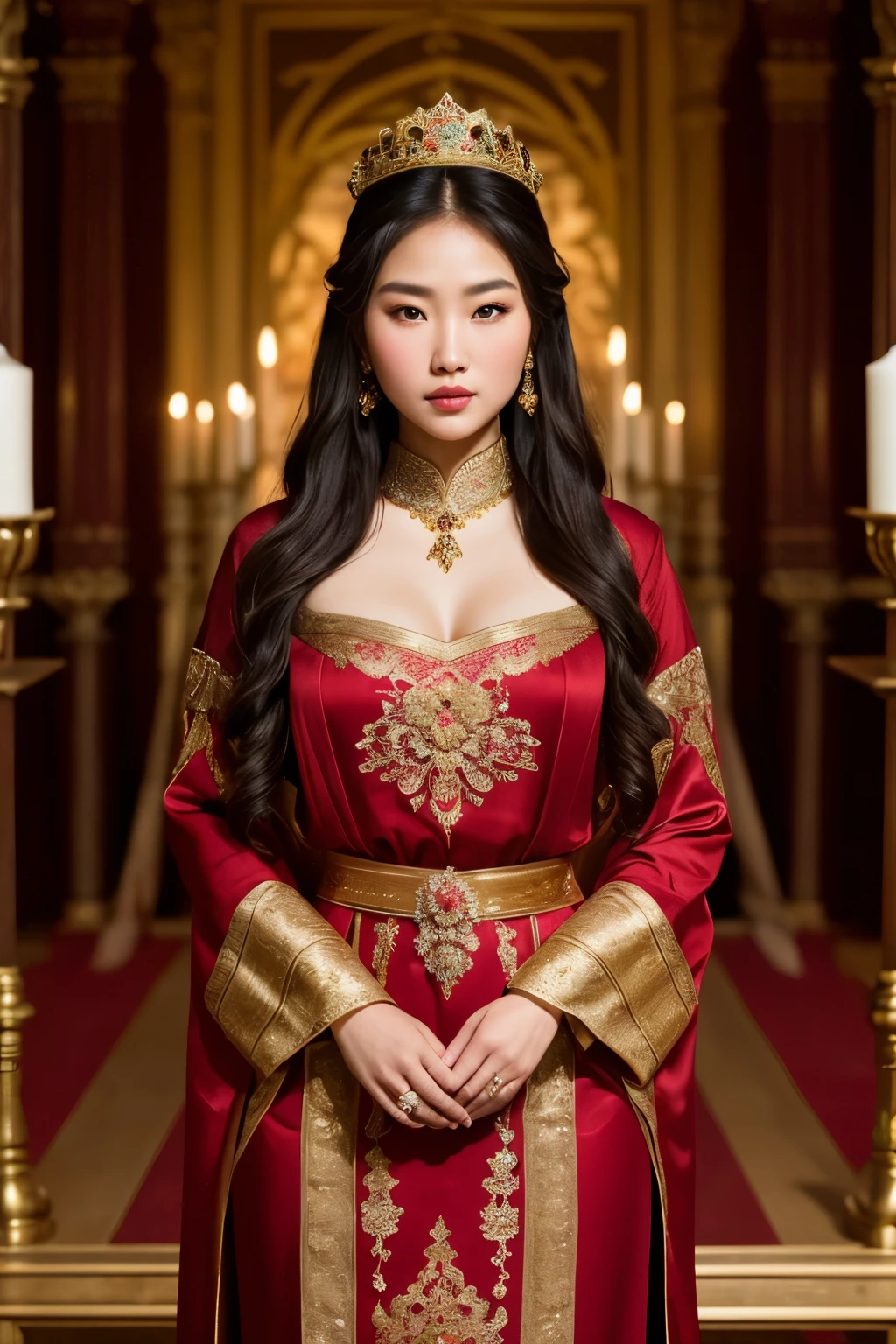 Masterpiece, a regal Mongolian princess, (Genghis Khan's daughter: 0.8), exudes elegance and determination as she stands before an adorned altar. Her eyes, (expressive almond-shaped eyes: 1.2), gleam with a mix of excitement and determination, while her dark brown hair cascades in luxurious waves down to her waist. The silhouette of her slender figure, adorned in a resplendent traditional gown, accentuates her graceful curves. Her lips, (highly detailed lips: 1.1), part slightly as she exchanges vows with the foreign king, their whispered promises blending with the faint clinking of golden goblets. The room is filled with an air of anticipation and intrigue, as
