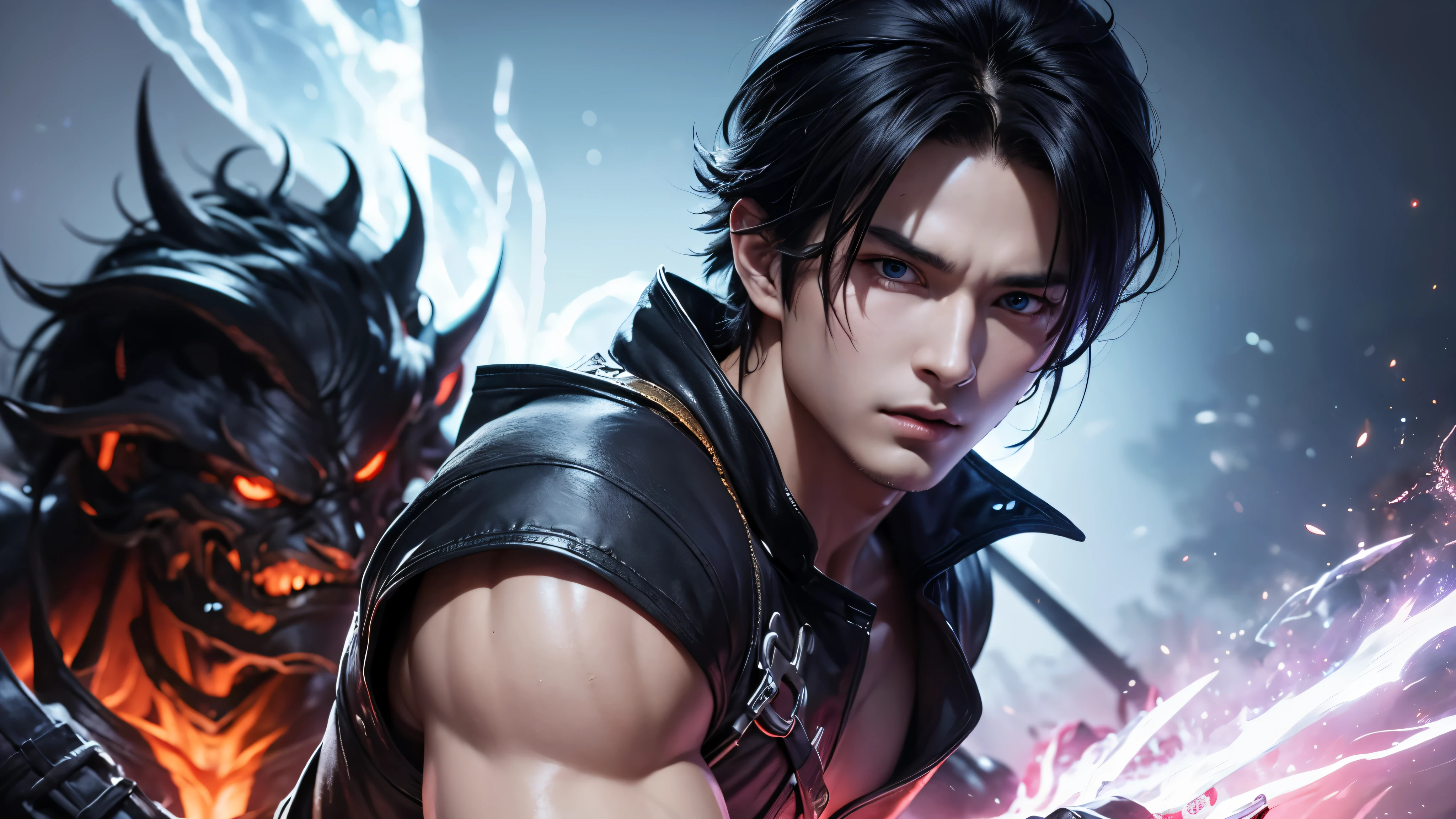 An 8k masterpiece, highest resolution, every detail, meticulous detail, depth of field, bright colors, beautiful composition: anime character Trunks impresses with his black hair and glowing eyes Beautifully detailed lighting, standing against a dark and ominous background. This handsome demon slayer is the epitome of bad guys in the fantasy art. wearing a shirt.
