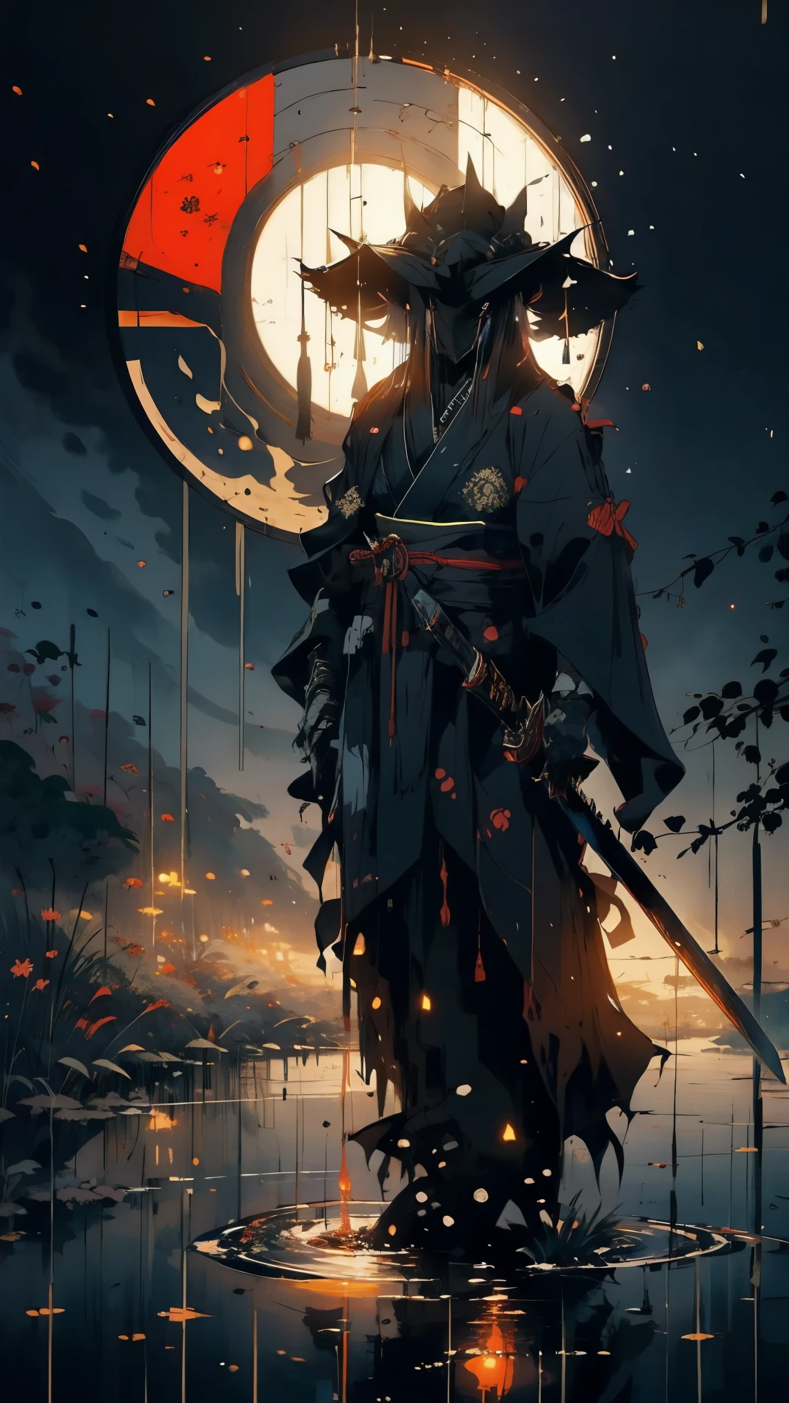 (Mejor calidad,ultra detallado),oscuro,wet,gotas de lluvia artificiales cayendo,ancient japanese warrior standing in the rain,japanese traditional bamboo hat(kasa),paisaje de bosque denso,naturaleza majestuosa y serena,luna llena brillando intensamente en el cielo nocturno,kimono negro con rayas rojas fluorescentes que brillan a la luz de la luna,espada samurai afilada y desenvainada(katana),