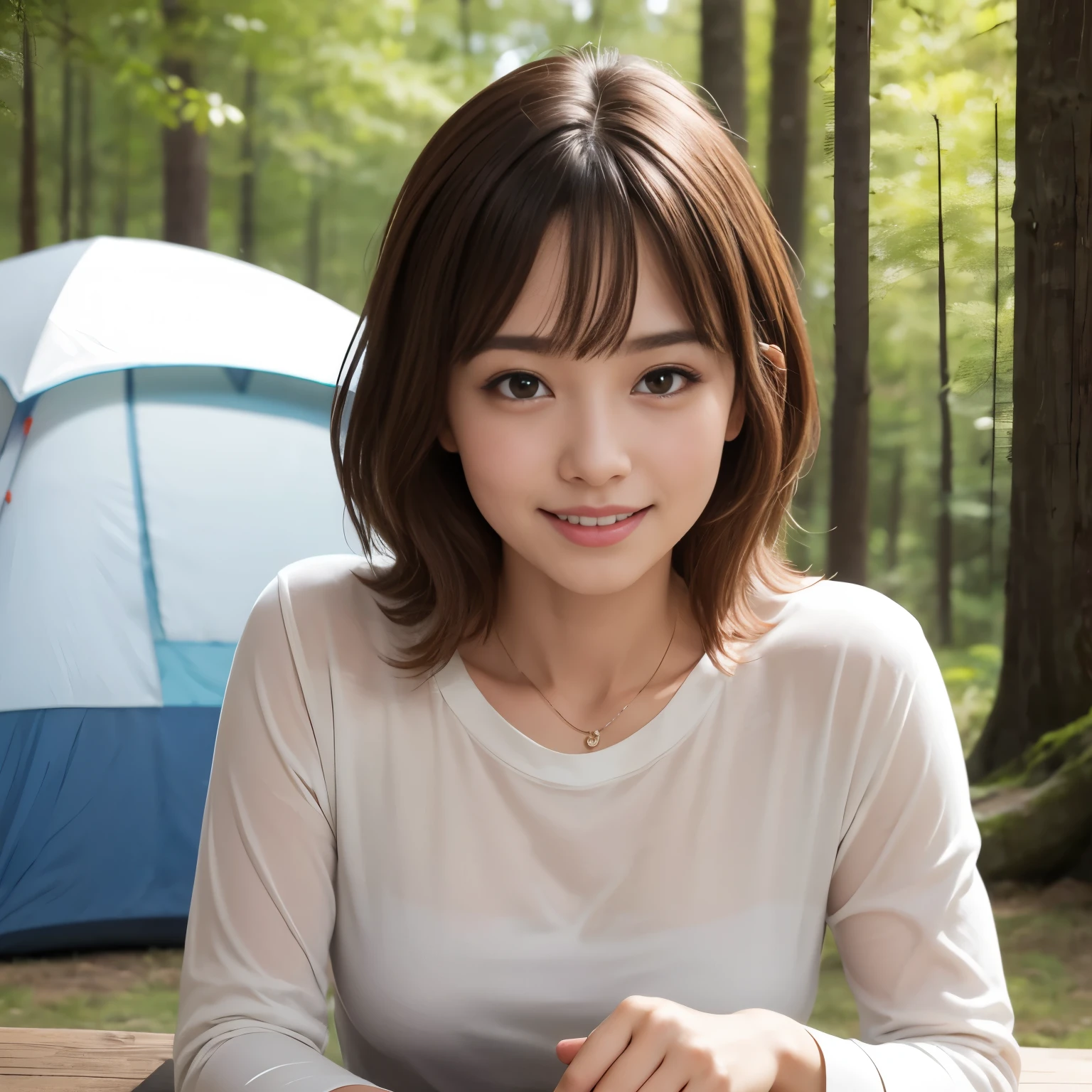 table top, highest quality, figure, super detailed, finely, High resolution, 8k wallpaper, perfect dynamic composition figure, beautiful and fine eyes, She is wearing an olive long sleeve T-shirt, medium hair, natural color lip, smile ,Harajuku, 50 year old girl, cute, looking at camera, C cup, brown hair, caste-like face, blurred camping background,nude,
