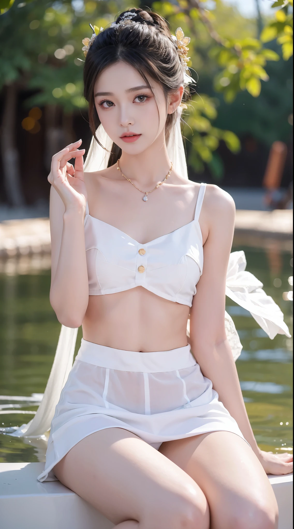 best picture quality，extremely high resolution，Very detailed，stunning girl，sitting in the pool，long eyelashes，big eyes，shining eyes，lying silkworm，plump lips，small nose，a happy expression，Sweet，Exquisite makeup，full-body shot，snow white skin，slim figure，take off shoulders，clavicle，abdomenband，abdomen，abdomen button，Slender white legs，White and tender skin，White embroidered mini skirt，necklace，Showing thighs，lace，Sweet，long hair flying，best quality，masterpiece，full-body shot，facial focus，slim figure，细腰白色abdomenband，imagine，full-body shot
Model: Hanfu, CFG scale: 7, Hire high-end talents: 1.5, Laura: future fashion(0.4)、neon(0.4)、martial arts(0.8)、Asian Face Girls-2(0.4)、poetic fairy tale(0.01)