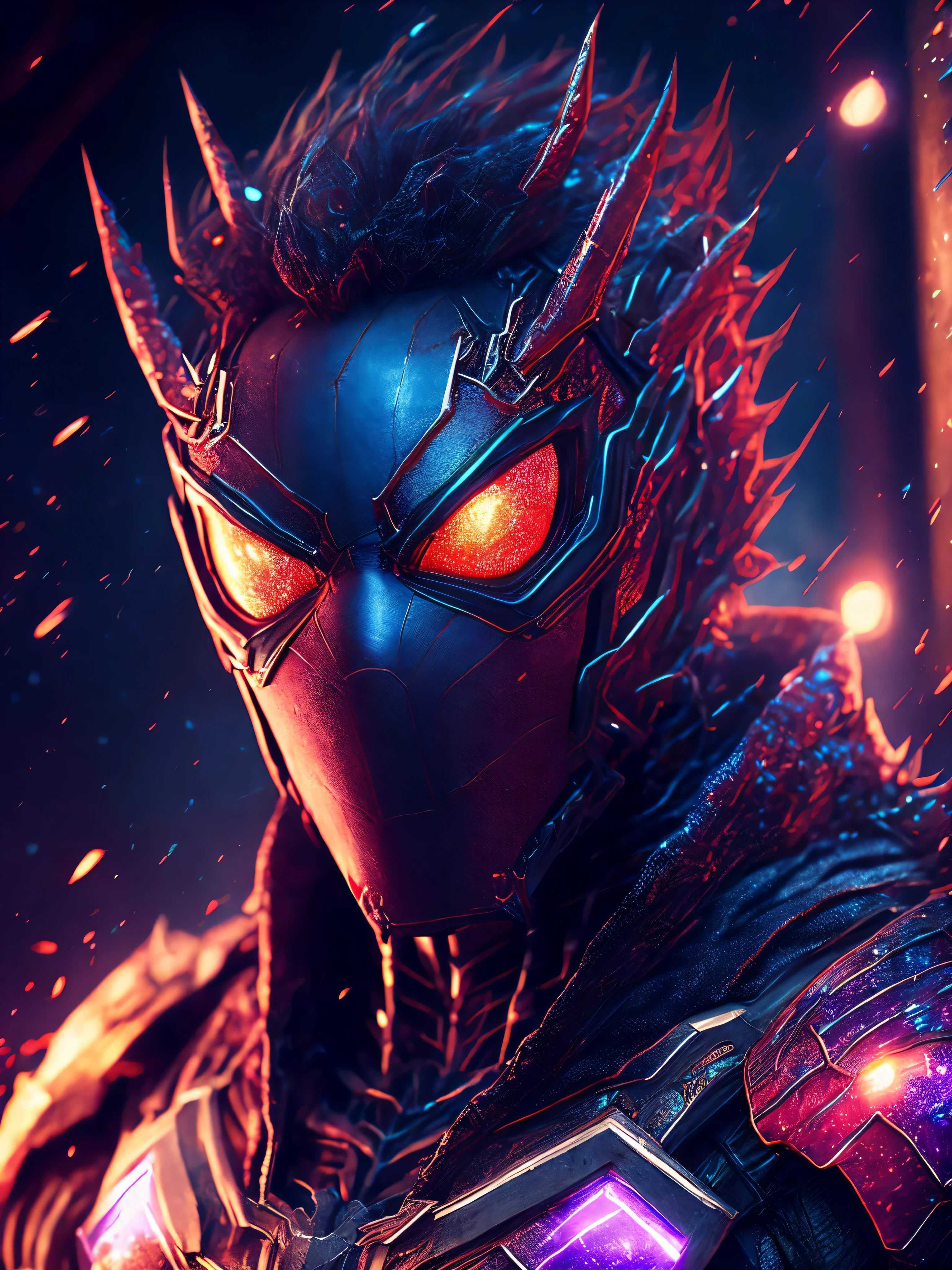 breathtaking cinematic science fiction photo of a portrait of Spiderman mixed with Goku as one character, metal skin, body full of spikes and glowing metrics inside, glowing multicoloured eyes, multifaceted eyes, metallic arms, inside a destroyed building, extremely menacing creature, highly detailed, award-winning