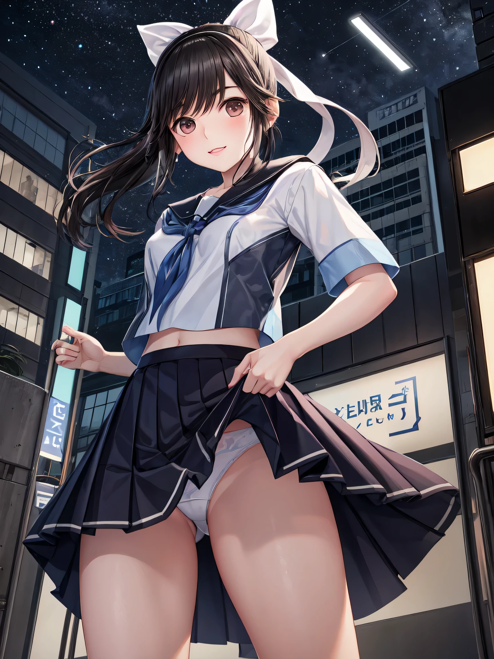 Super Detailed Game CG, (High resolution:1.1),(absurd:1.1), highest quality, High resolution, highest resolution, very detailed, anime, city, building roof, night, starry sky, pretty girl, 1 girl, takane manaka, small breasts, ponytail, hair ribbon, school uniform, serafuku, skirt, bangs, white panties, light smile, (skirtリフト:1.2), neon light, wind effect, reflection effect, from below