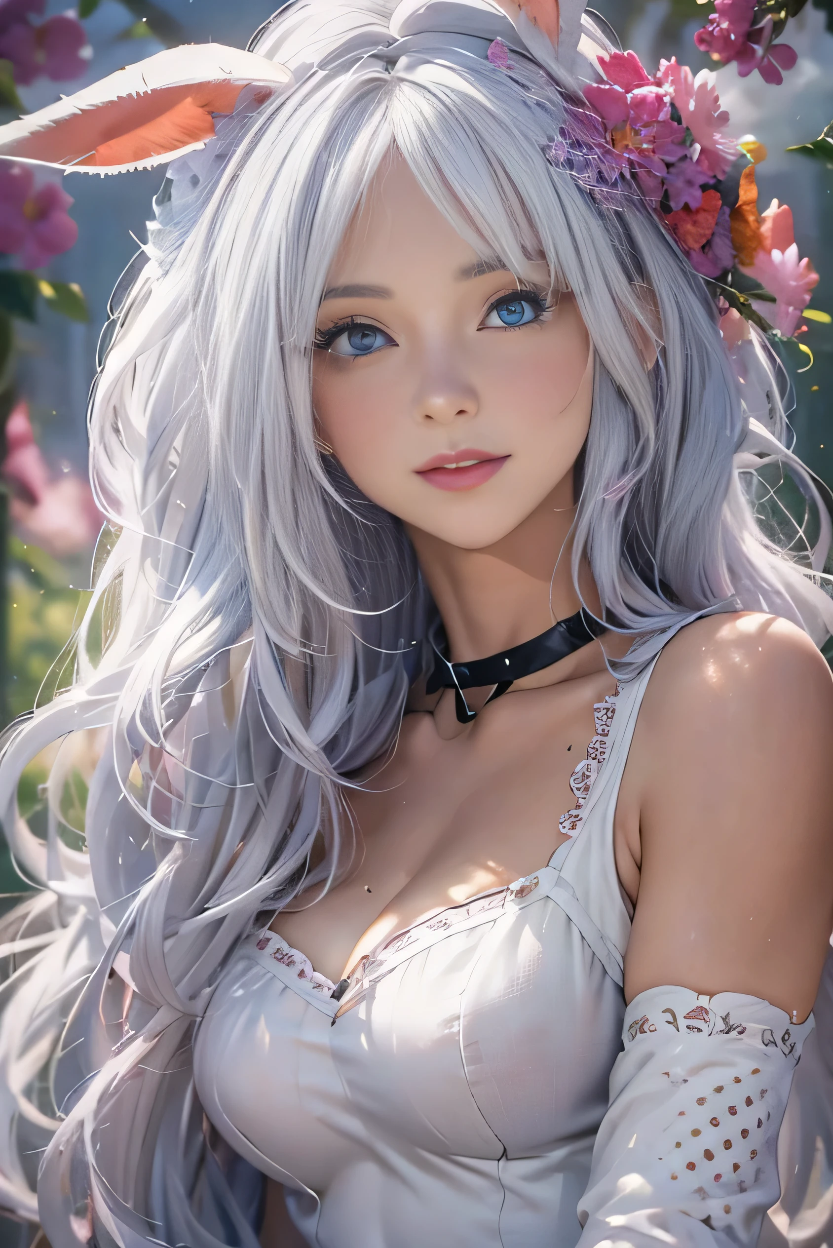 (photorealistic:1.8, highest quality:1.8,8K masterpiece:1.8,High resolution,muste piece:1.8,RAW Photos,cinematic lighting,red and purple dream colors),1 23-year-old woman,(colorful playboy bunny girl,high cut leotard,white cuffs,choker,Fishnet stockings,Bunny ears,Cleavage cut),beautiful detailed blue eyes:1.7,double eyelid:1.6,beautiful skin:1.8, (looking at the camera:1.5),(photo seen from behind:1.4),( midium Hair:1.2,beautiful shining white hair:1.5), expression(Gentle Smile:1.3,face turns red:1.3),(Moderate chest:1.3), Pause(Seductive pose:1.5), background(A bright forest with blooming flowers),(detailed perfect face),anatomically correct,correct move:1.5,correct foot:1.5,Best ratio 4 fingers and 1 thumb,(cameltoe),No split screen