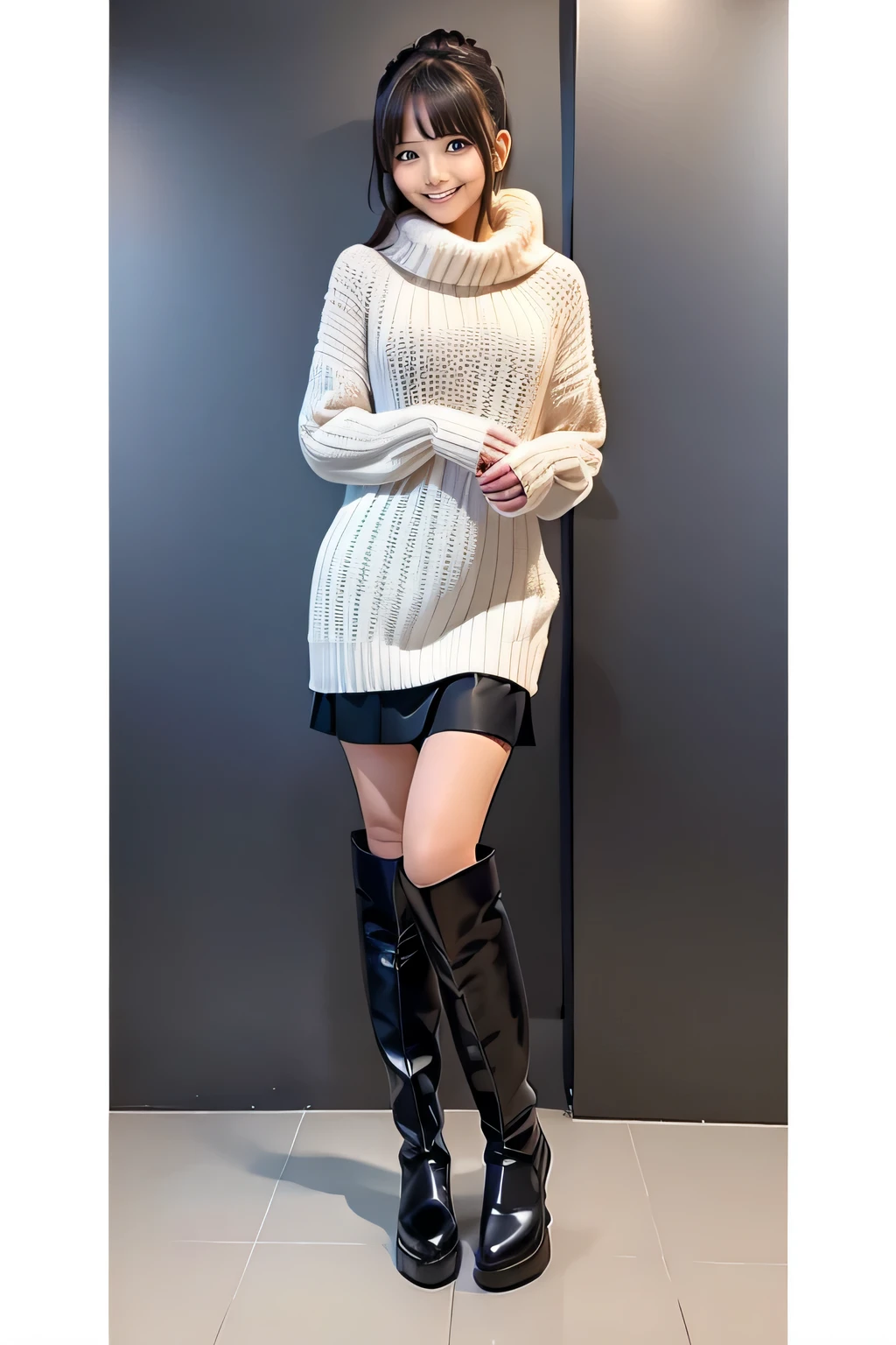 A woman wearing a white sweater and black skirt takes a photo, high boots, full body!!, knee-high boots, over the knee boots, full body!!!, full body picture, full_body!!, cute woman, full body!, full body full height, pretty girl, beige, full body! cute face, full body cute young lady