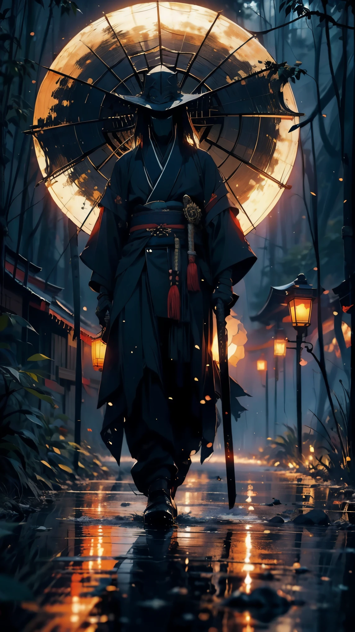 (Mejor calidad,ultra detallado),oscuro,wet,gotas de lluvia artificiales cayendo,ancient japanese warrior standing in the rain,japanese traditional bamboo hat(kasa),paisaje de bosque denso,naturaleza majestuosa y serena,luna llena brillando intensamente en el cielo nocturno,kimono negro con rayas rojas fluorescentes que brillan a la luz de la luna,espada samurai afilada y desenvainada(katana),