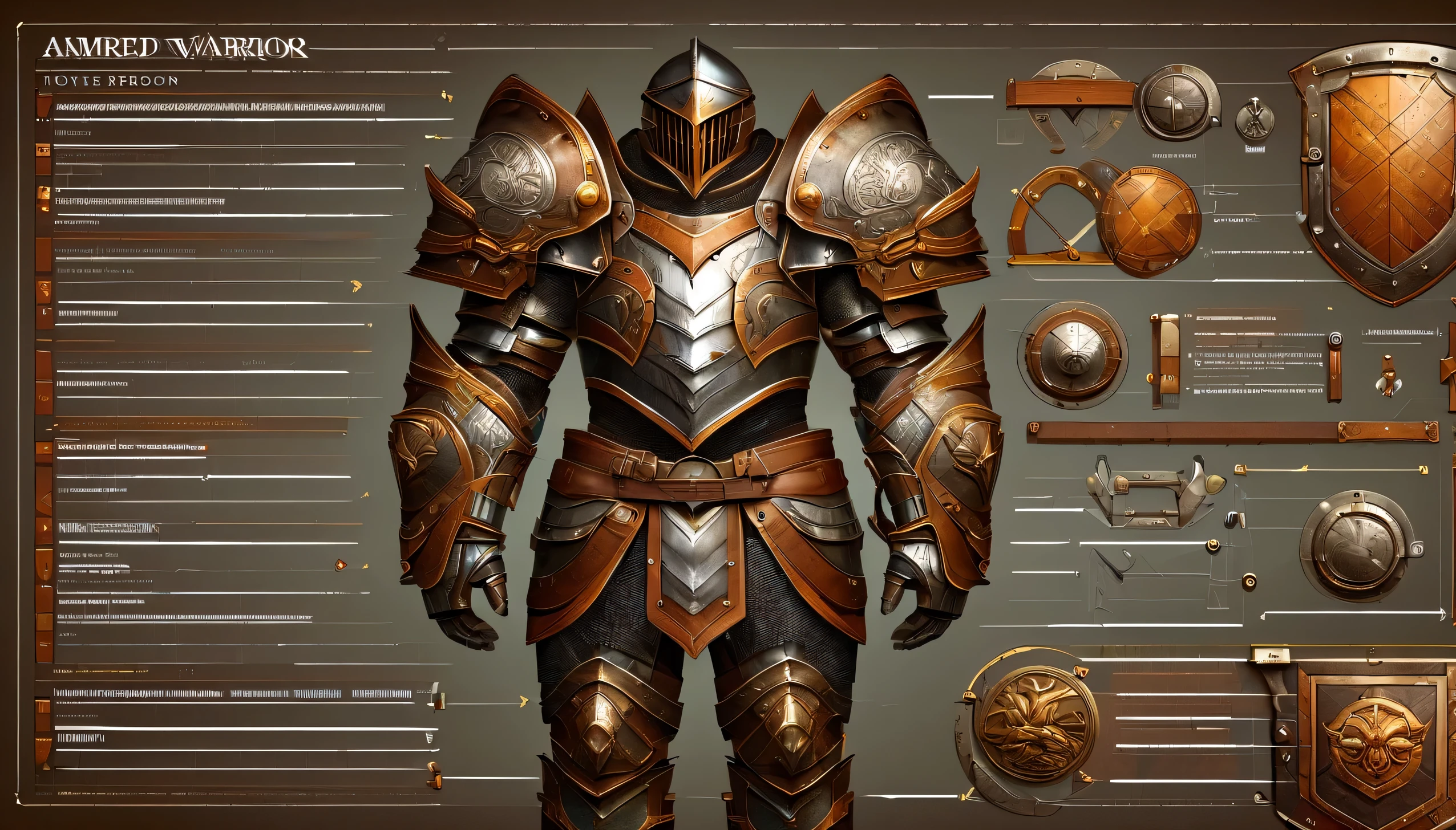 armored warrior，shield，Very detailed，，Very professional character design BOM，Professional Checklist，detail list，Detailed production drawings，glans steps，exploded view，clarify，texture，Detailed annotation，annotated，The collision of metal and leather，colorful