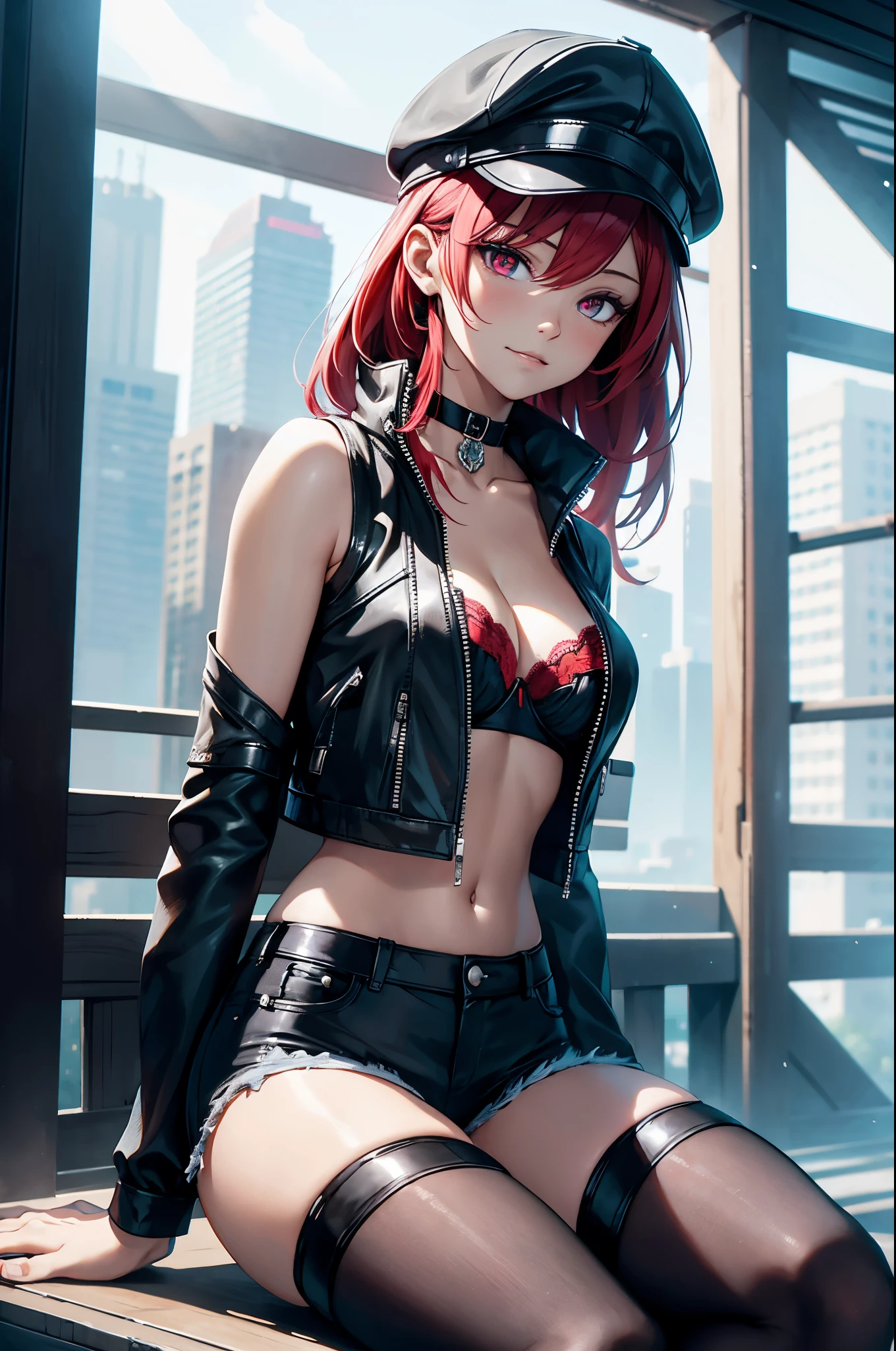 An anime girl with red hair and blue eyes wearing a skirt and an open shirt revealing a black and red bra