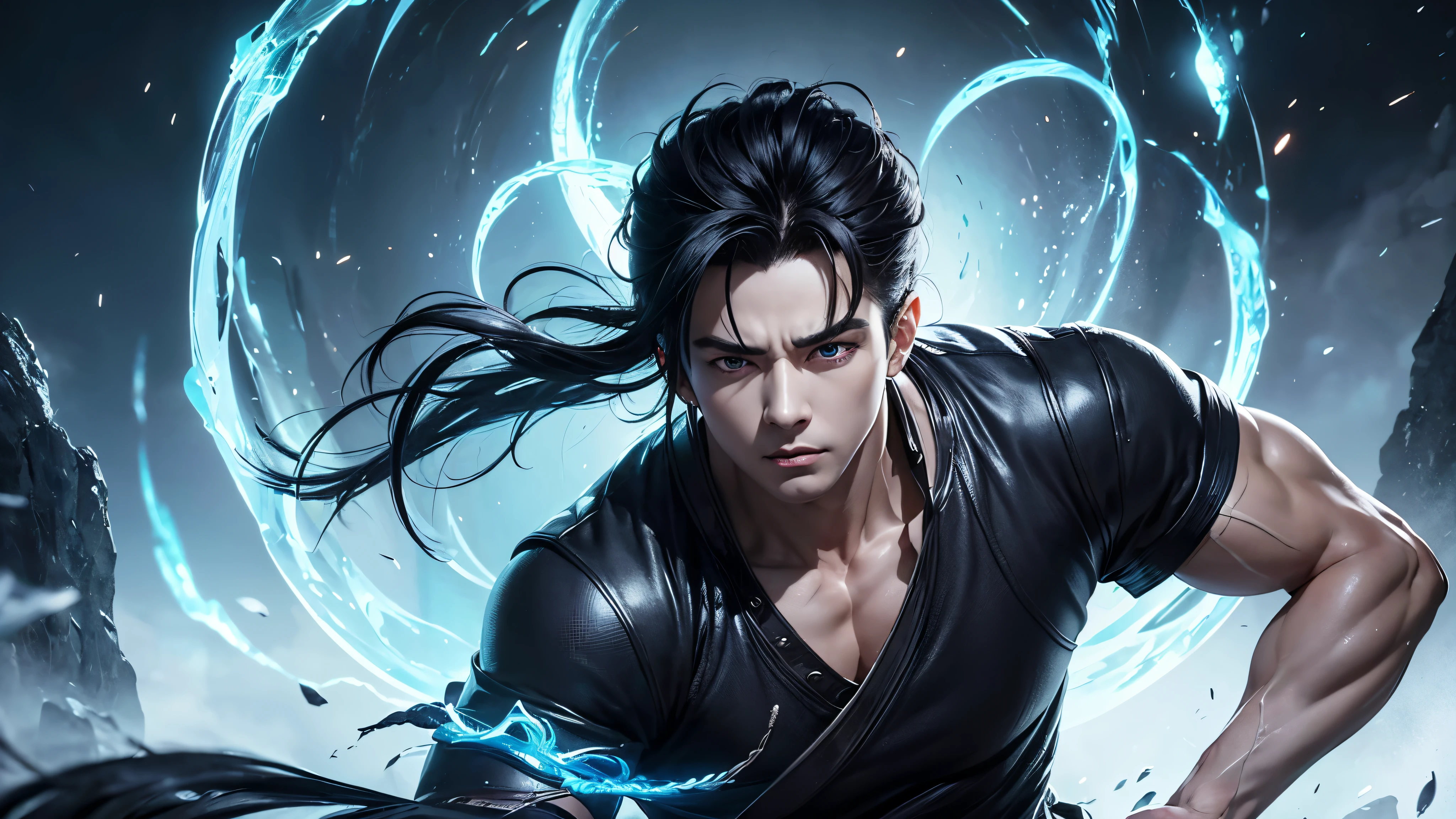 An 8k masterpiece, highest resolution, every detail, meticulous detail, depth of field, bright colors, beautiful composition: anime character Gohan impresses with his black hair and glowing eyes Beautifully detailed lighting, standing against a dark and ominous background. This handsome demon slayer is the epitome of bad guys in the fantasy art world. wear shirts and jeans.