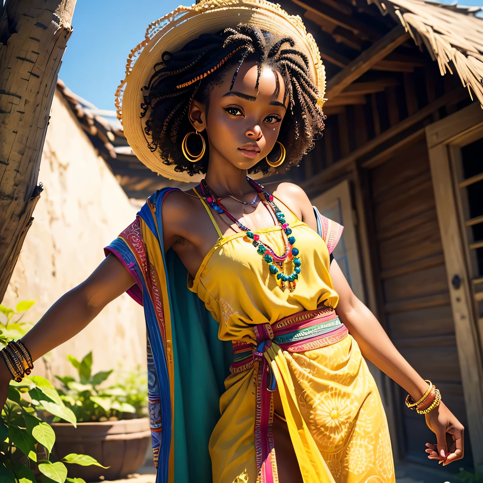 Generate a realistic and beautiful image of a young Cameroonian girl. She should have smooth, flawless skin with a natural-looking glow. Her features should be feminine and delicate, with a full head of curly hair. The background should be warm and inviting, with lush green vegetation and flowers. The girl should be dressed in traditional Cameroonian clothing, with bright colors and intricate patterns. Add some accessories like beads or earrings to enhance the beauty of the image. The overall tone of the image should be happy, vibrant, and full of life  