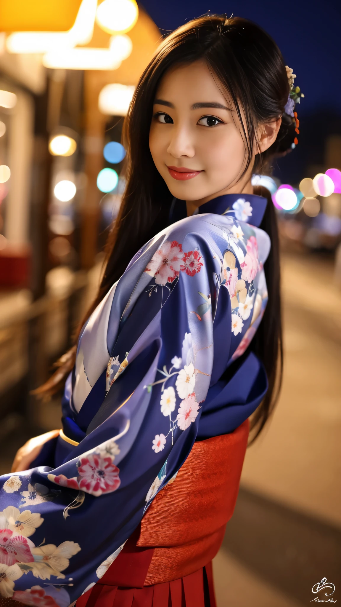 small kimono,black hair,long hair,ponytail,Japanese high school girl,eyebrows,low length,single eyelid,shy,4K,High resolution,highest quality,City of night