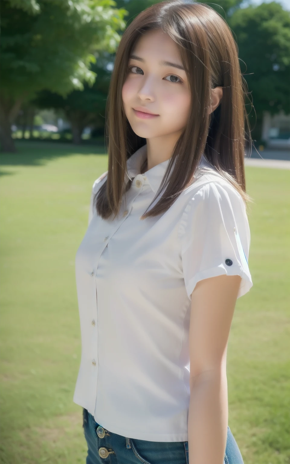 ((Best Quality, 8K, masutepiece: 1.3)), Full body, Sharp Focus: 1.2, 1 girl, 16 years old, A pretty girl with perfect figure, Cute, Shy, Beautiful thighs, ((sway in the wind shoulder length straight hair)), (White shirt with buttons: 1.1), Highly detailed face and skin texture, Detailed eyes