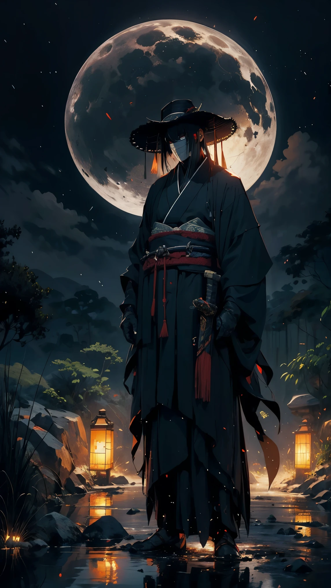 (Mejor calidad,ultra detallado),oscuro,wet,gotas de lluvia artificiales cayendo,ancient japanese warrior standing in the rain,japanese traditional bamboo hat(kasa),paisaje de bosque denso,naturaleza majestuosa y serena,luna llena brillando intensamente en el cielo nocturno,kimono negro con rayas rojas fluorescentes que brillan a la luz de la luna,espada samurai afilada y desenvainada(katana),