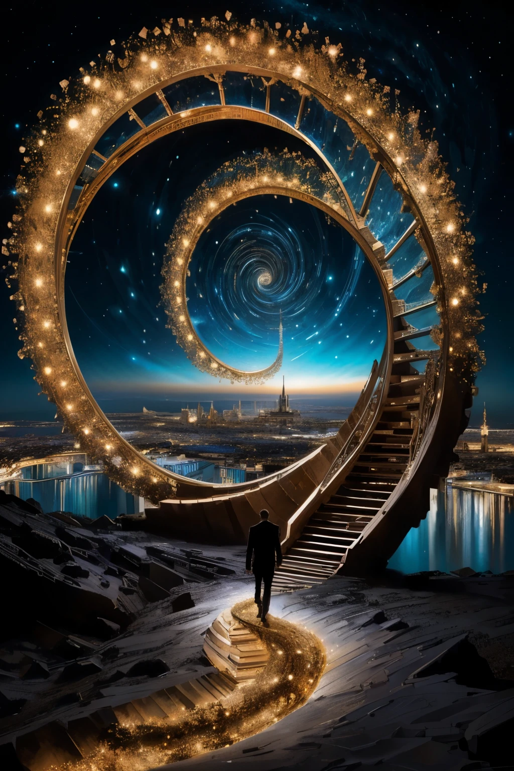 a man walking up a spiral staircase in the night, gateway to another universe, surrealistic digital artwork, epic surrealism 8k oil painting, surreal art, elaborate digital art, intricate and epic composition, in the astral plane ) ) ), ascending universes, surreal concept art, surreal digital art, portal to another universe, surrealism!!!!! concept art, dreamlike surrealism