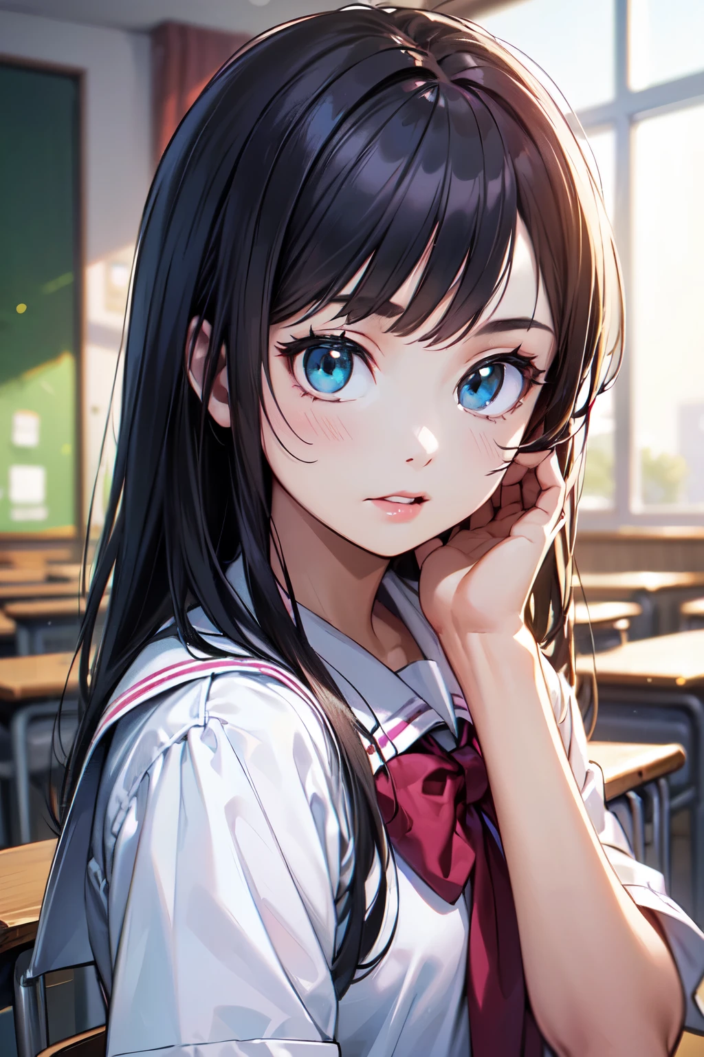 (Create the image of two people alone and nervous in a classroom after school. The clean, neat lines create a youthful look. The other person is a cute and attractive -yeld gi staring at you, her expression saying something that captures your imagination. You are the boy who is a bit plain and unobtrusive.).
The place is a classroom after school, a little dark, but the setting sun is shining through the window. Create a youthful look with clean and neat lines.:1.5)),
BREAK
(She is wearing a school uniform:1.3),
(highly detail face:1.3), (kawaii:1.3), (bishoujo), cute, (Small mouth, small lips, thin lips, pink lips:1.4),
(shiny white skin, transparent skin, clean textured skin:1.2), (symmetrical eyes, highly beautiful detailed eyes:1.2), (big eyes:1.1),
Perfect fingers, nice hands, perfect hands, anatomically correct, perfect anatomy,
BREAK
(depth of field, background blurry:1.4),
BREAK
(Note that straight objects should be generated in straight lines:1.3),
(pastel color, vivid caolor:1.2),
BREAK
(8k, HDR, best quality, masterpiece:1.3), (High resolution, ultra realistic details:1.2),
(Originality, Attention to detai),
(professional photography, full colors, studio-caliber color grading),